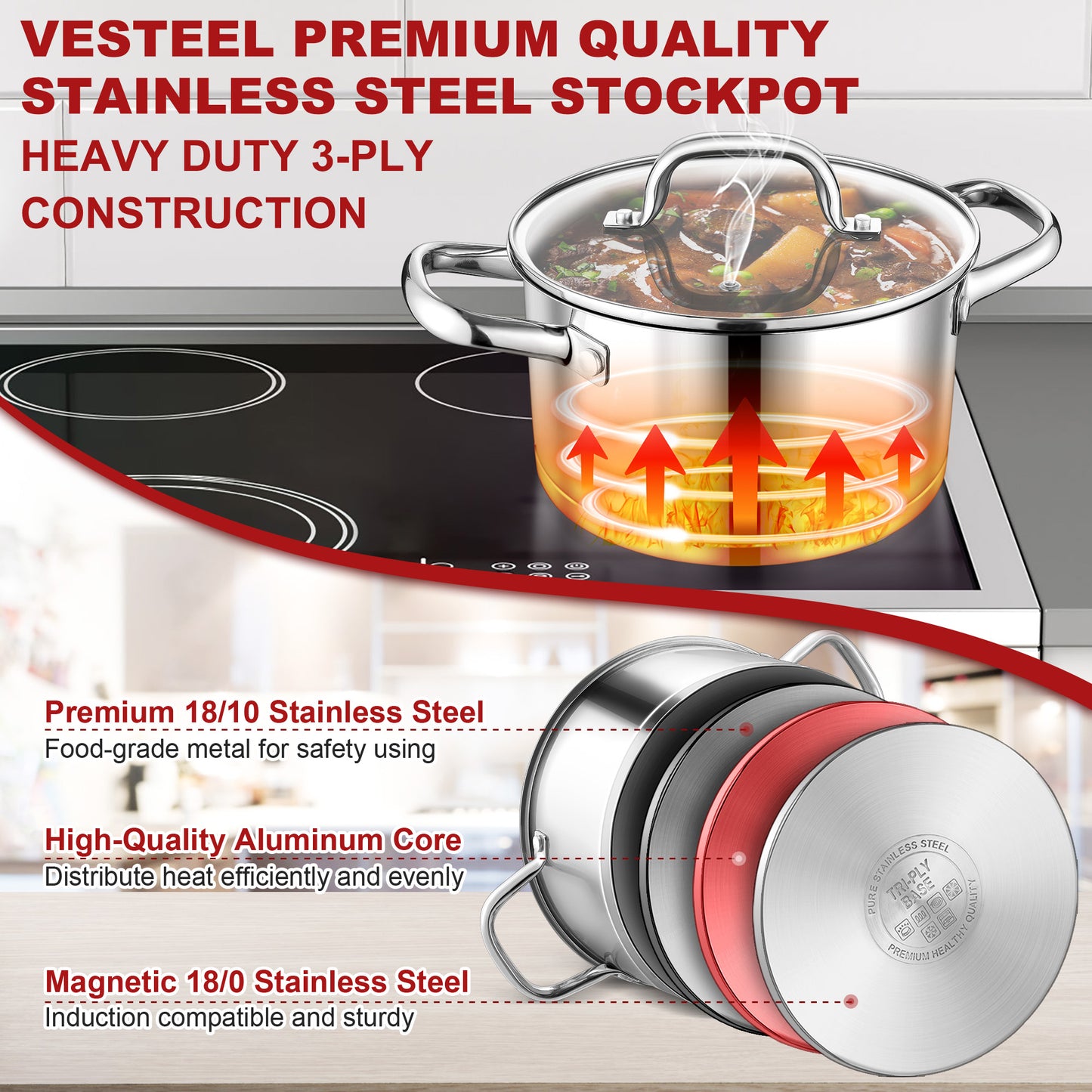 Vesteel 8 QT Stock Pot with Lid, 3 Tri-ply Stainless Steel Cooking Pot for Induction Gas Electric Stove, Stockpot for Cooking Soup Spaghetti, Dishwasher Safe