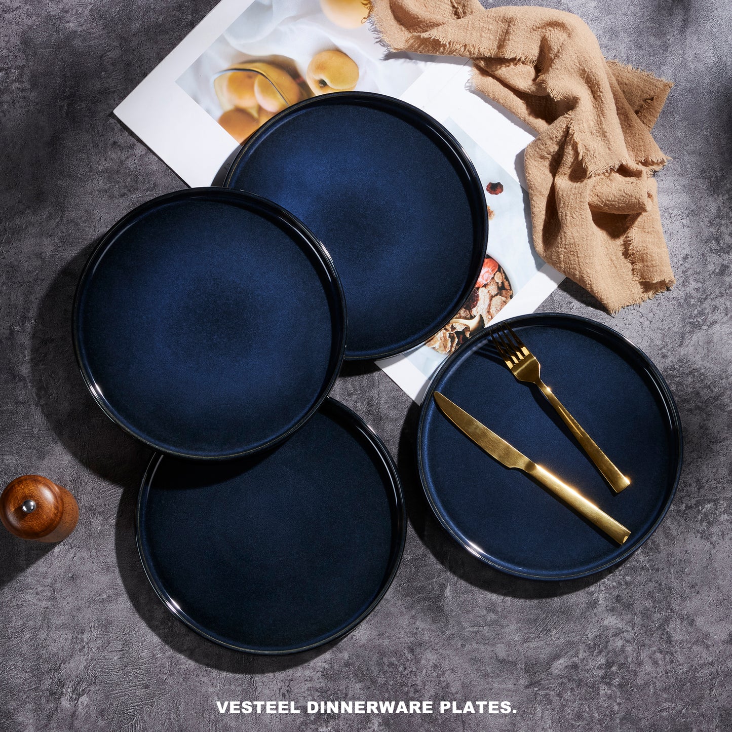Vesteel 4 Pieces Dinner Plates Set, Premium Stoneware Ribbed Dishes, Chip & Scratch Resistant Ceramic Set for Home Restaurant, Microwave and Dishwasher Safe - Ocean Blue