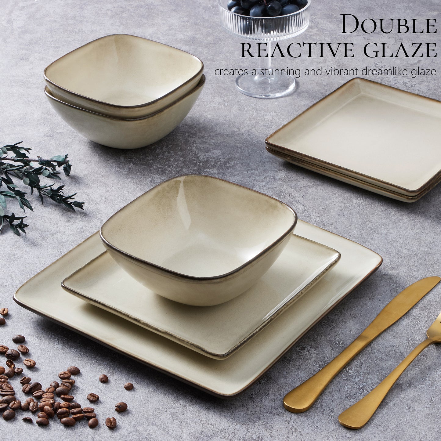 Vesteel 12 Pieces Square Dinnerware Sets, Ceramic Plates and Bowls Sets for 4, Handmade Reactive Glaze Dishes Set for Kitchen Dining, Microwave & Dishwasher Safe, Khaki
