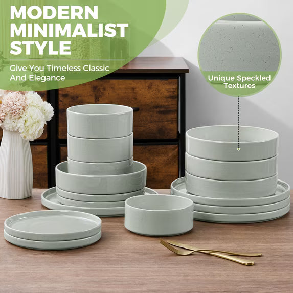 Vesteel 16 Pieces Dinnerware Sets, Premium Stoneware Dishes Set for 4, Speckled Plates and Bowls Set for Home Restaurant, Microwave and Dishwasher Safe - Light Green