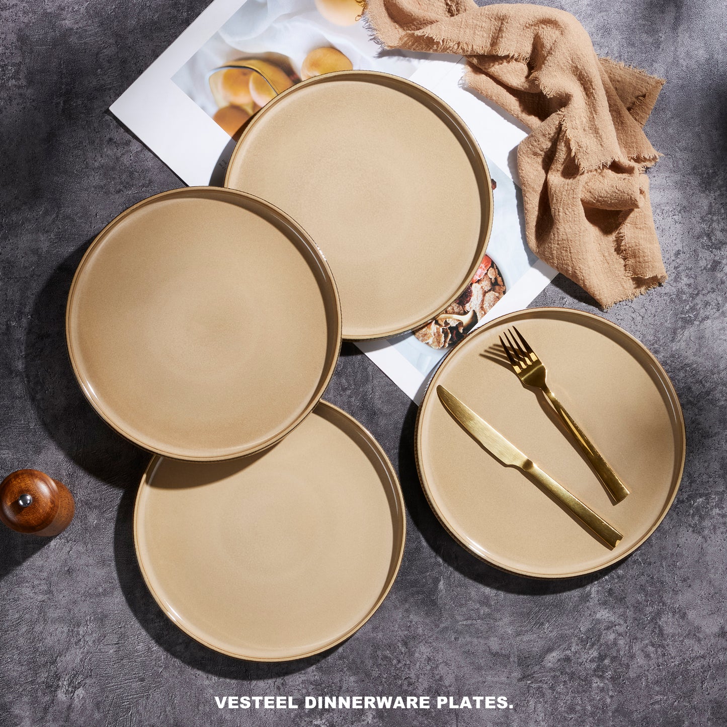Vesteel 4 Pieces Dinner Plates Set, Premium Stoneware Ribbed Dishes, Chip & Scratch Resistant Ceramic Set for Home Restaurant, Microwave and Dishwasher Safe - Khaki