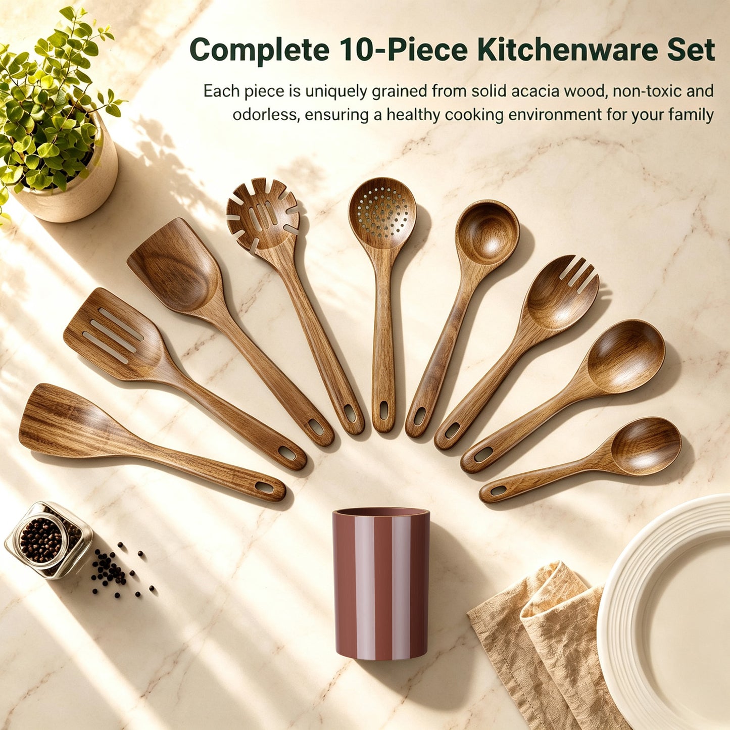 Vesteel 10-Piece Kitchen Utensil Set with Holder, Wooden Spoons for Cooking, Natural Acacia Wood Cooking Spoon Spatula Set, Heat-Resistant Kitchen Utensils Safe for Nonstick Cookware & Easy to Clean