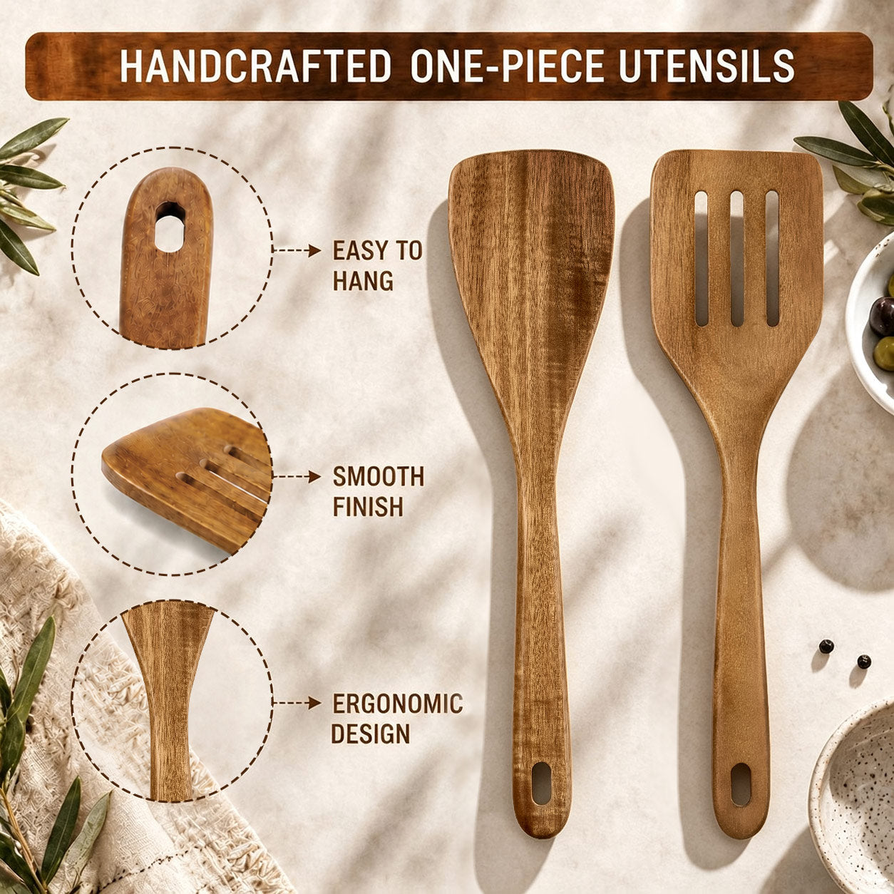 Vesteel 2-Piece Wooden Spatula Set, 12.2 Inch Acacia Wood Solid & Slotted Turners for Cooking Frying, Heat Resistant Kitchen Cooking Utensils Safe for Non-Stick Cookware, Easy to Clean
