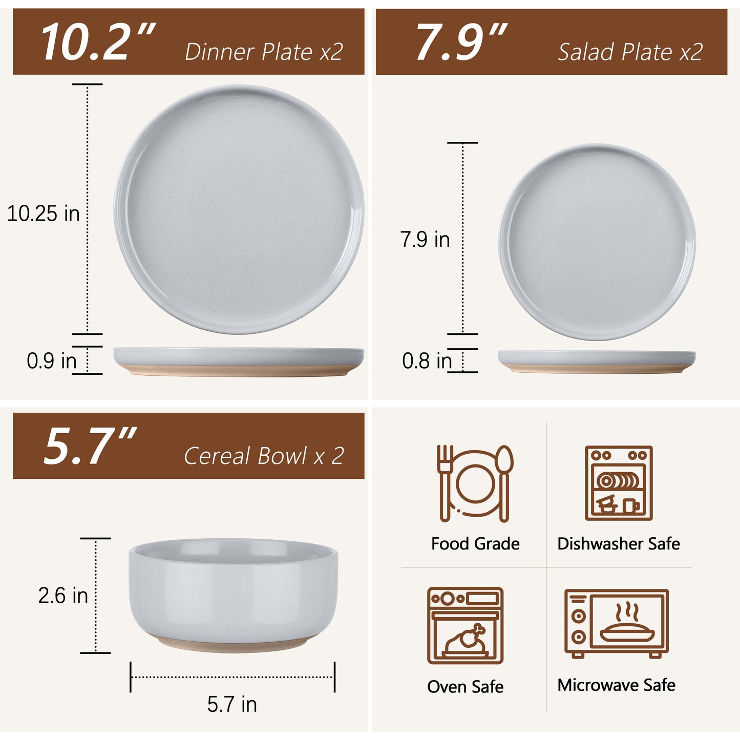 Vesteel Stoneware Dinnerware Sets for 2, 6 Pieces Ceramic Plates and Bowls Sets, Elegant Dishes with Rustic Terracotta Base, Dishwasher & Microwave Safe, Scratch Resistant, Light Gray
