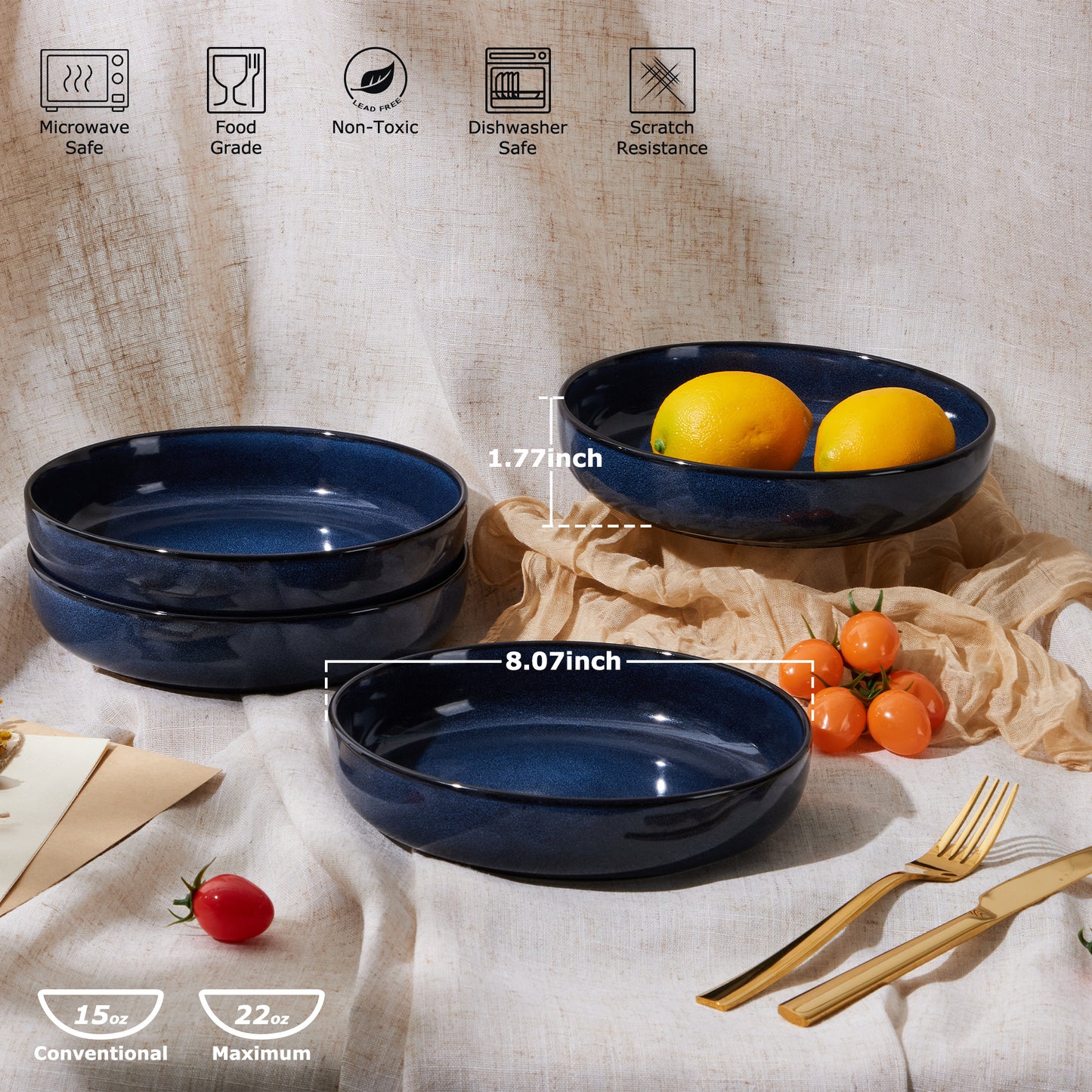 Vesteel Pasta Bowl Set of 4, 22oz Stoneware Salad Pasta Serving Bowls for Soup Dinner Cereal, Microwave & Dishwasher Safe, Ocean Blue