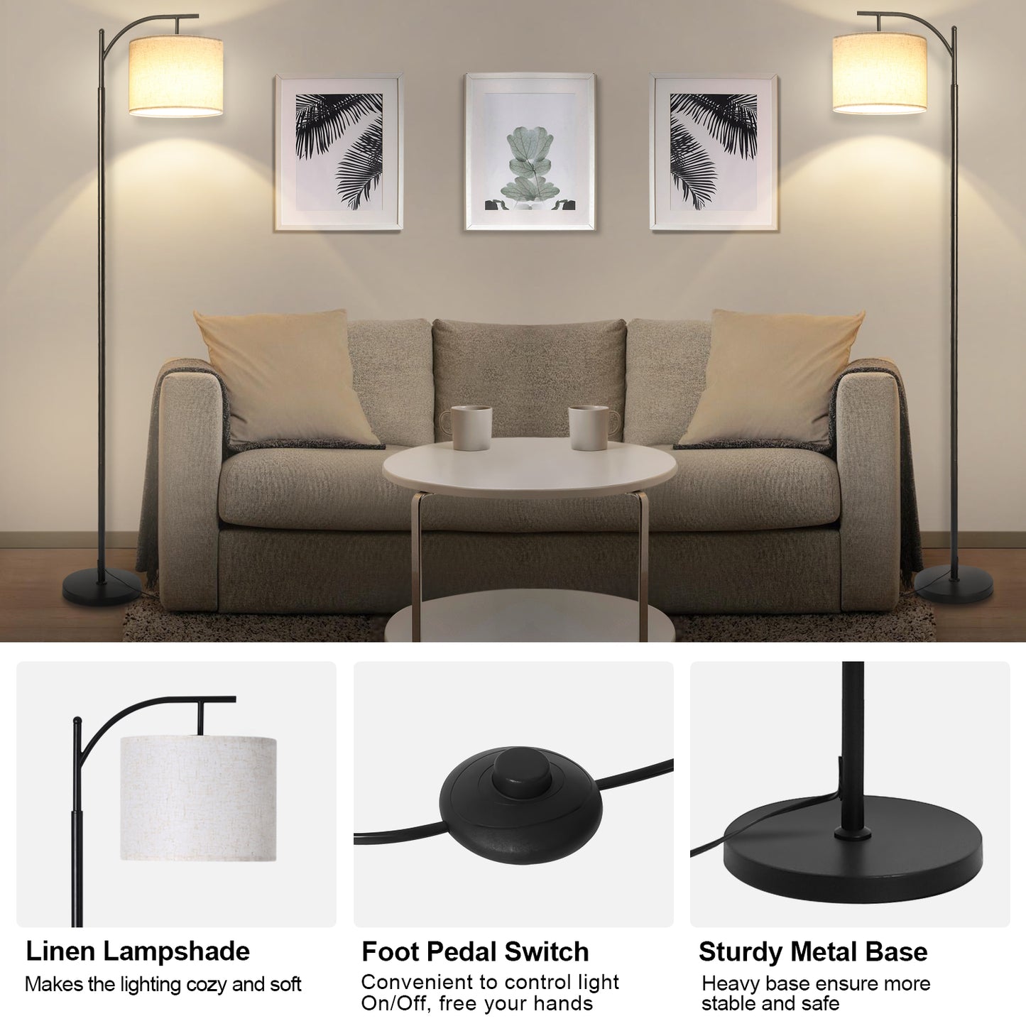 Vesteel Floor Lamp, Modern Standing Lamp with 3 ColorTemperatures LED Bulb & Linen Lampshade, Arch Floor Lamp for Living Room Bedroom Office