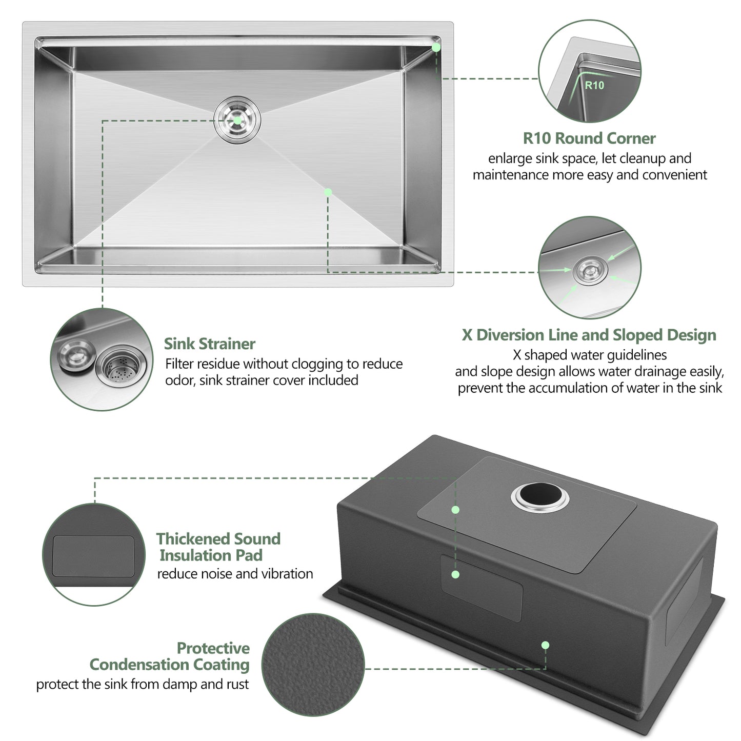 Vesteel Stainless Steel Kitchen Sink, 33” x 19” Undermount Sink 10” Deep Single Bowl Workstation Sink Basin with Sink Accessories