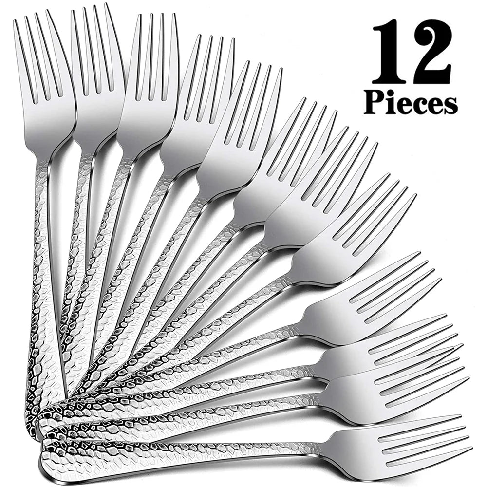 VeSteel 12-Piece Stainless Steel Hammered Dinner Forks Set - 7.9 inches