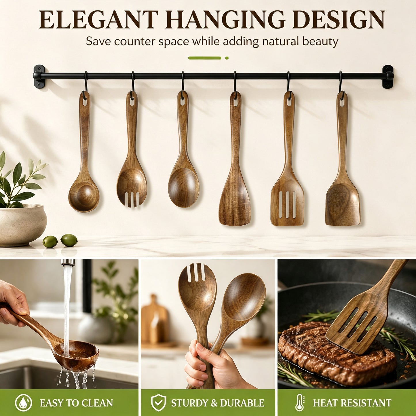 Vesteel 6-Piece Wooden Spoons for Cooking, Natural Acacia Wooden Kitchen Utensil Set, Non-Stick Kitchen Spoon&Spatula, Heat-Resistant Cooking Utensils Safe for Nonstick Cookware & Easy to Clean