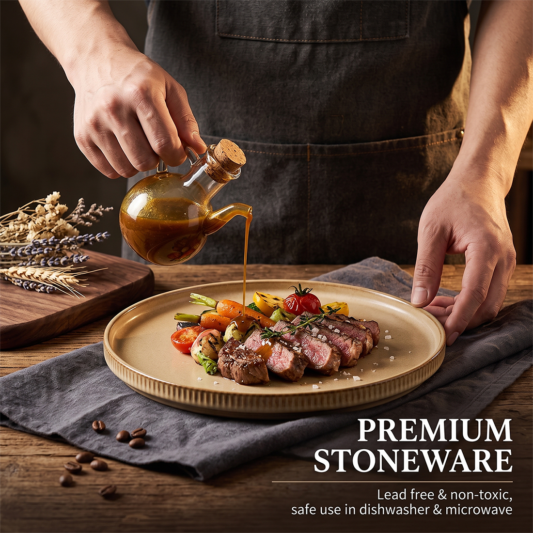 Vesteel Salad Plate for 4, 8 inch Stoneware Dinner plates with Textured Stripes, 4-Piece Ceramic Kitchen Plates for Dessert Salad, Dishwasher Safe & Microwave Safe, Khaki