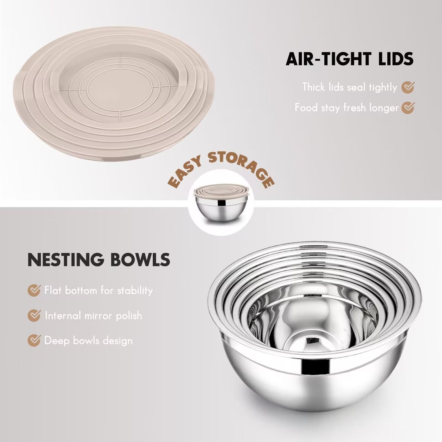 Vesteel 7 PCS Stainless Steel Mixing Bowls, Metal Nesting Salad Bowls with Lids, 4.5/3.5/3/2.5/1.5/1.2/0.7 QT - Khaki