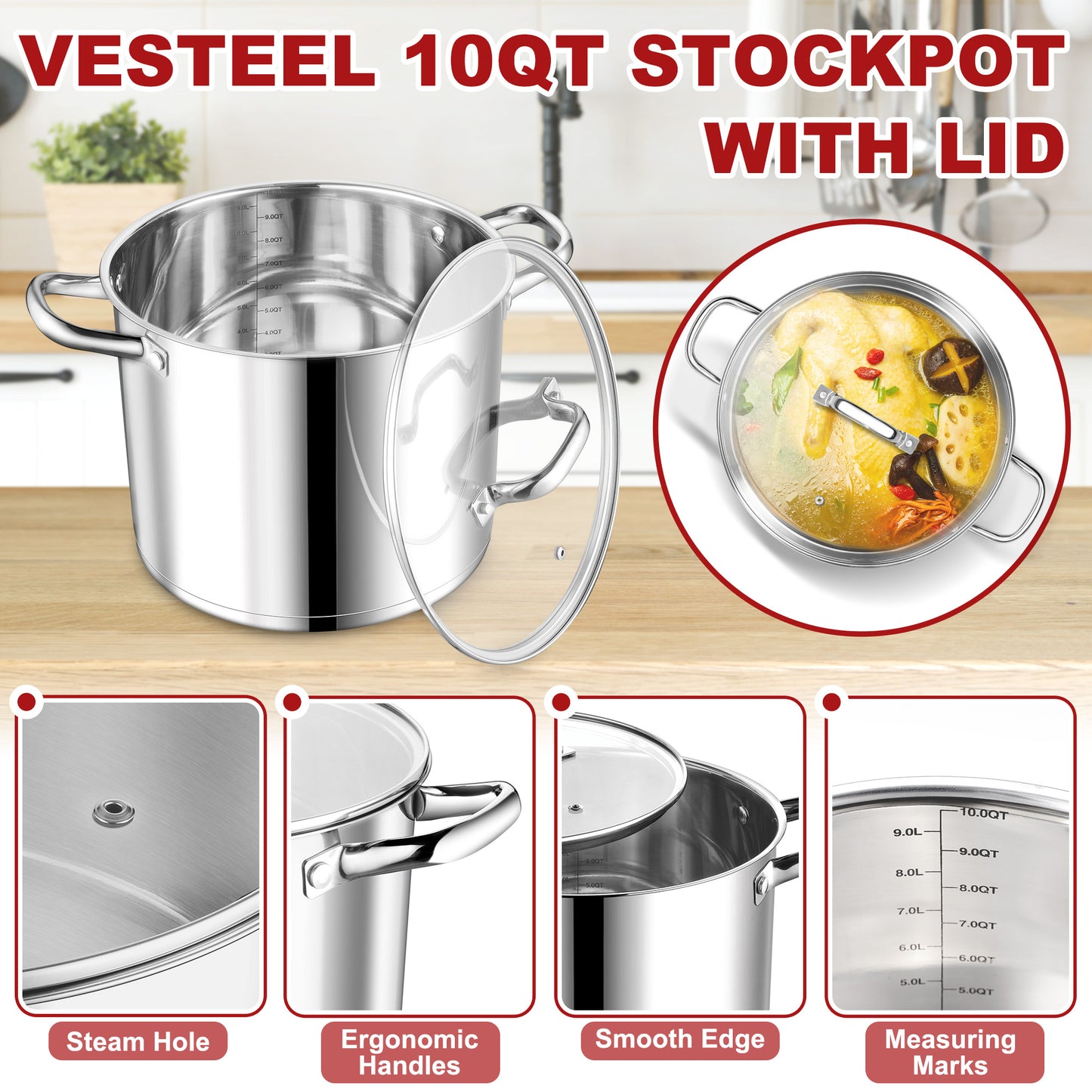 Vesteel 10 QT Stock Pot with Lid, 3 Tri-ply Stainless Steel Cooking Pot for Induction Gas Electric Stove, Big Stockpot for Cooking Soup Spaghetti, Dishwasher Safe