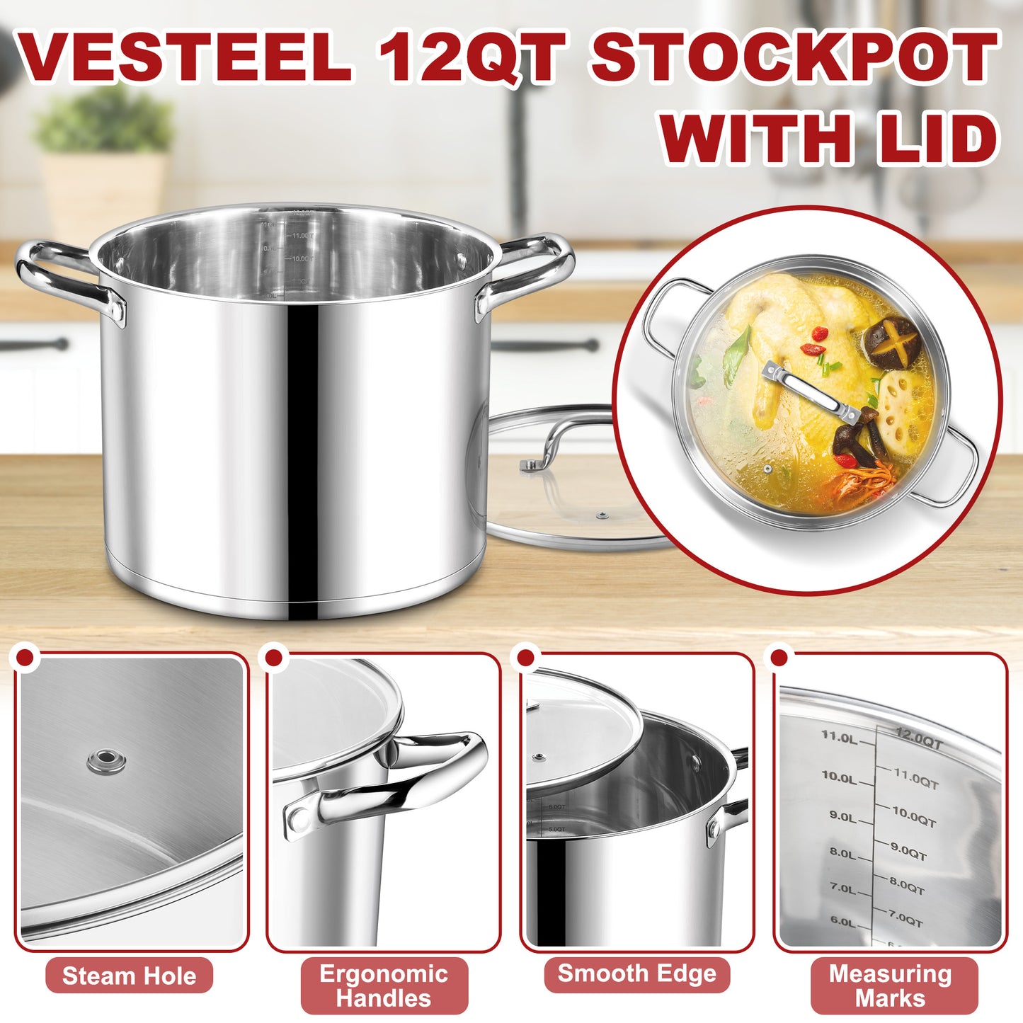 Vesteel 12 QT Stock Pot with Lid, Stainless Steel Large Cookware for Stewing Simmering, Tri-ply Bottom for Induction Gas Electric Stove, Heavy Duty & Food Grade
