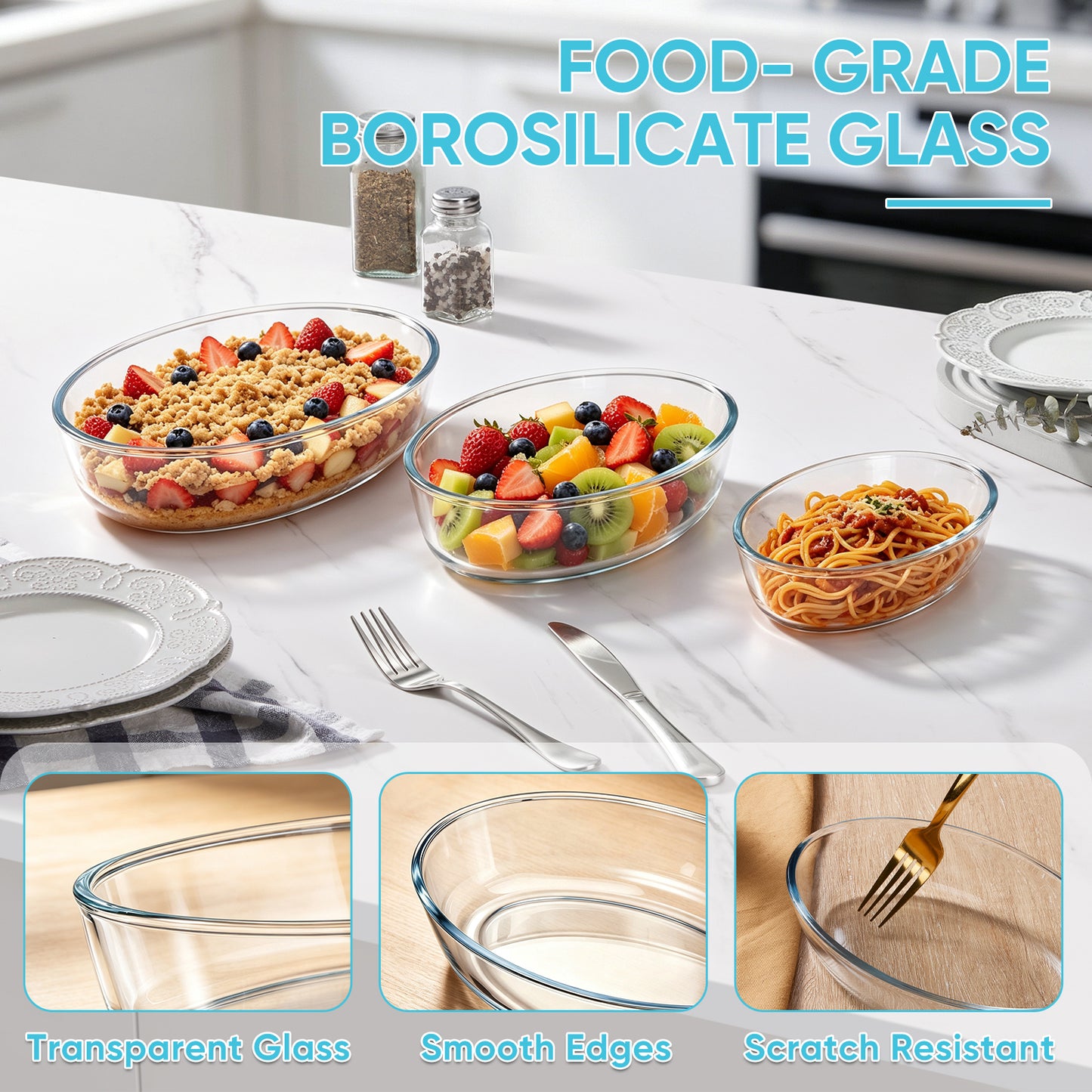 Vesteel 3-Piece Glass Baking Dish Set, Oval Baking Tray for Oven, Non-Stick Glass Bakeware Set Kitchen Casserole Dishes for Prepping and Baking, Heat-Resistant & Oven Freezer Dishwasher Safe