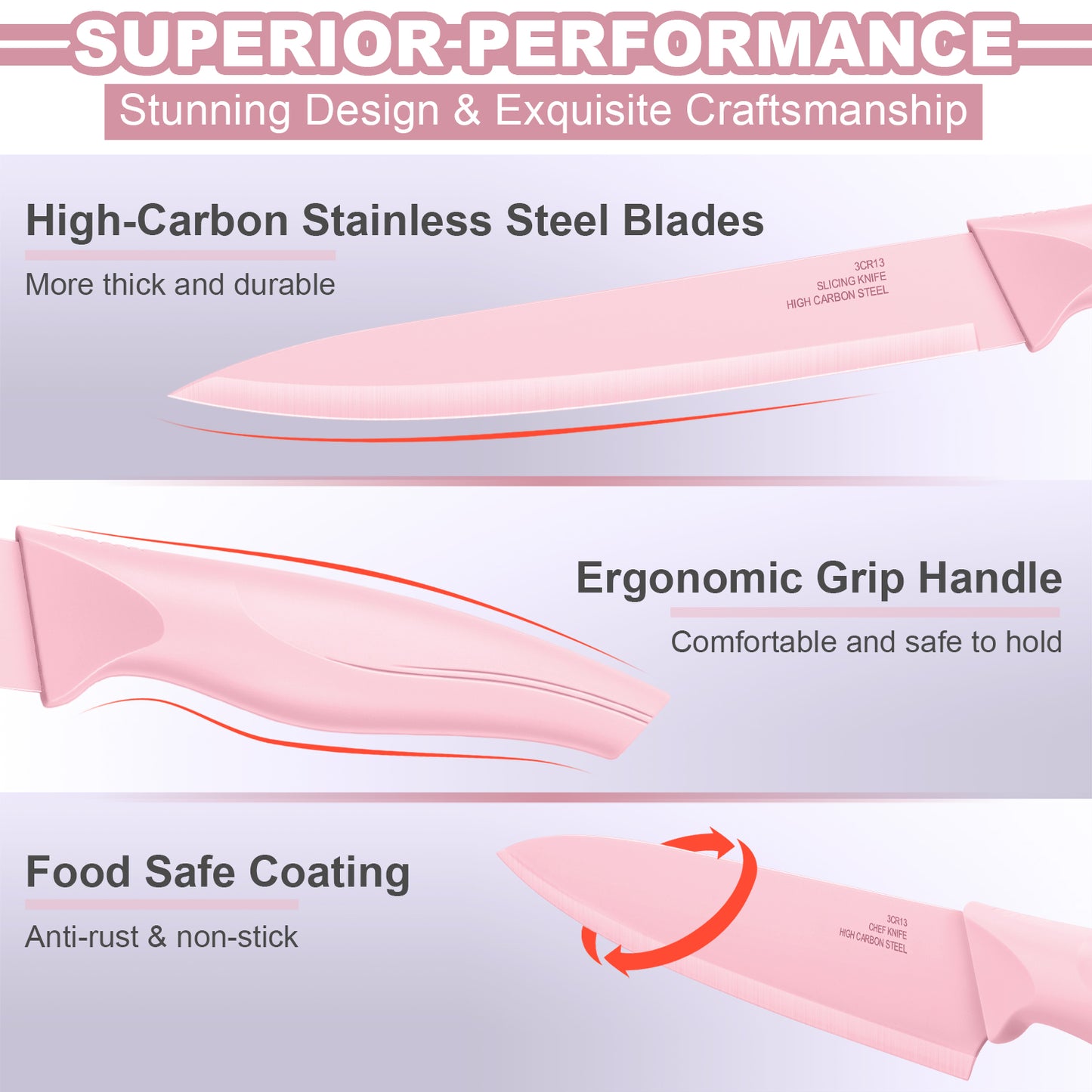 Vesteel Knife Set for Kitchen with Block, 15 Pcs Stainless Steel Kitchen Knives Set with Sharpener Kitchen Shears - Pink