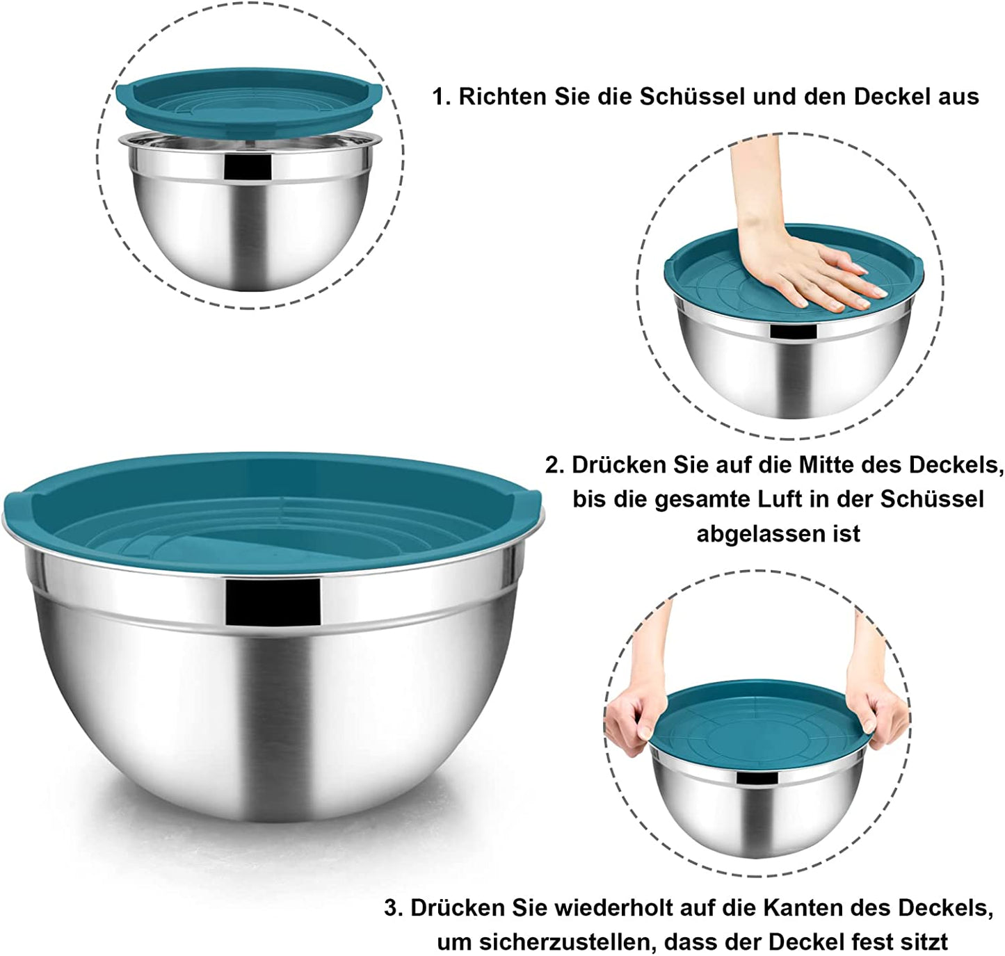 Vesteel 7 PCS Stainless Steel Mixing Bowls, Metal Nesting Salad Bowls with Lids, 4.5/3.5/3/2.5/1.5/1.2/0.7 QT - Blue