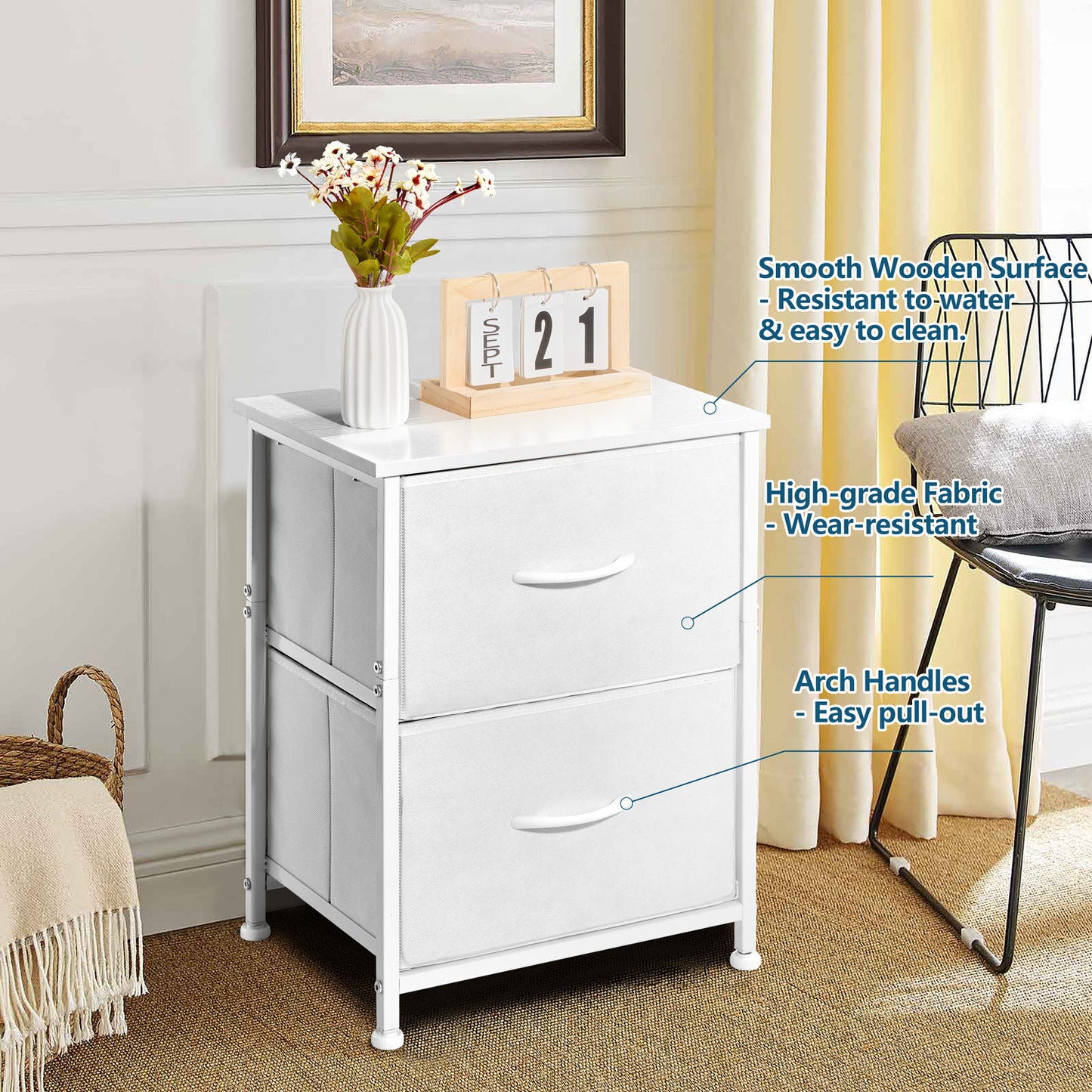 Vesteel Nightstand, 2 Drawers Dresser with Wood Top and Sturdy Steel Frame, Fabric End Table Bedside Furniture Dresser for Bedroom Closet Dorm - White