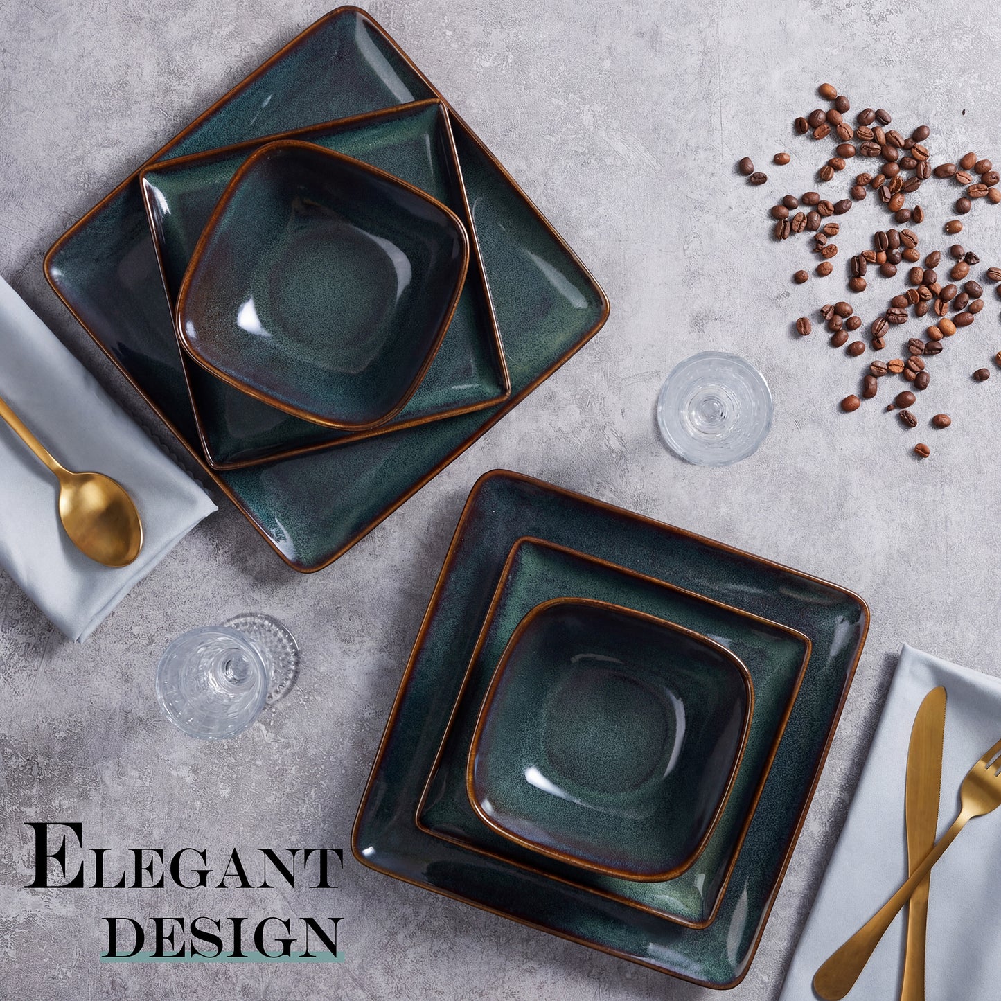 Vesteel Dinnerware Sets for 4, 12-Piece Stoneware Dish and Bowls Set, Handmade Reactive Glaze Coupe Plates Set for Family, Chip & Scratch Resistant - Forest Green