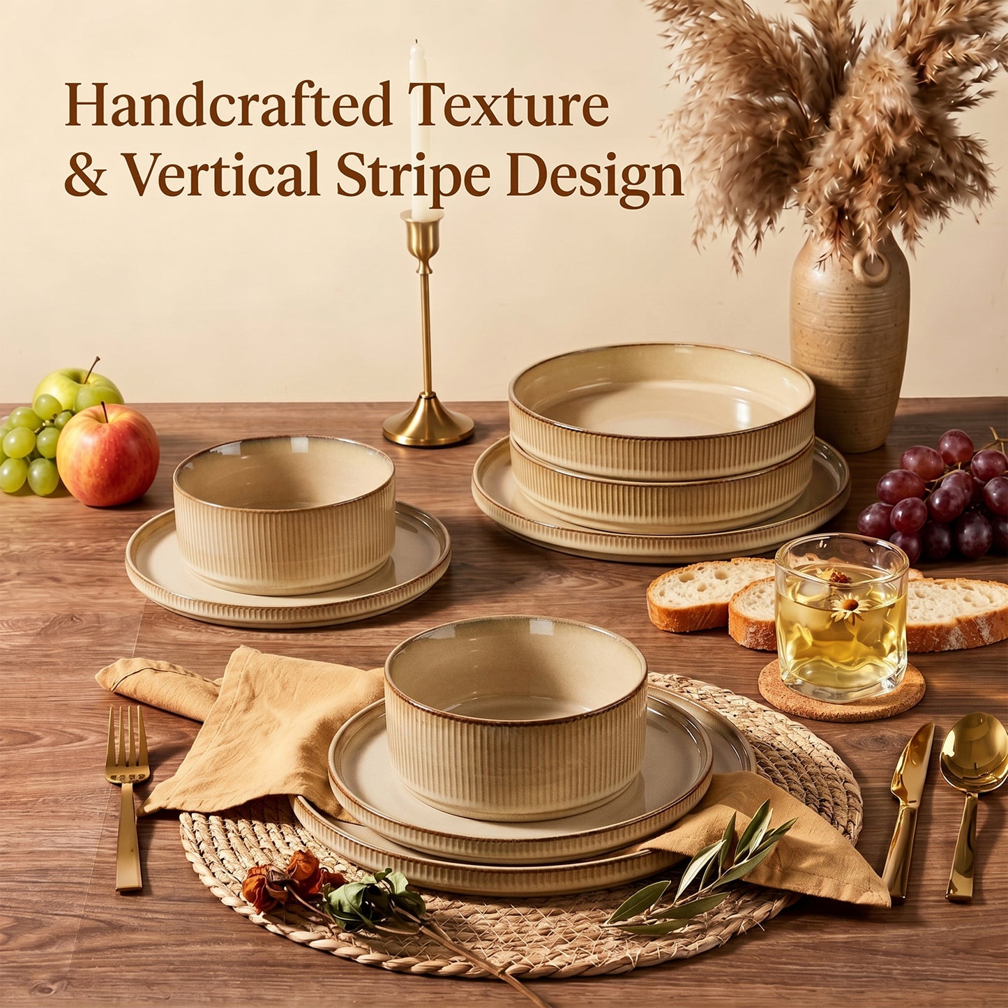 Onader 8-Piece Stoneware Dinnerware Set, Vertical Striped Reactive Glaze Plates and Bowls Sets for the Kitchen, Microwave & Dishwasher Safe, Khaki