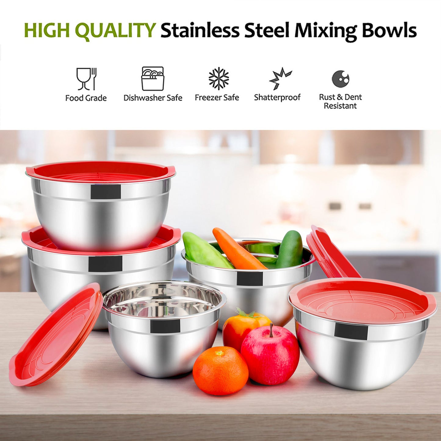 Mixing Bowls with Lids Set of 5, Vesteel Stainless Steel Mixing Bowls Metal Nesting Salad Bowls, Size 4.5, 3, 1.5, 1, 0.7 QT Great for Cooking, Baking, Serving - Red