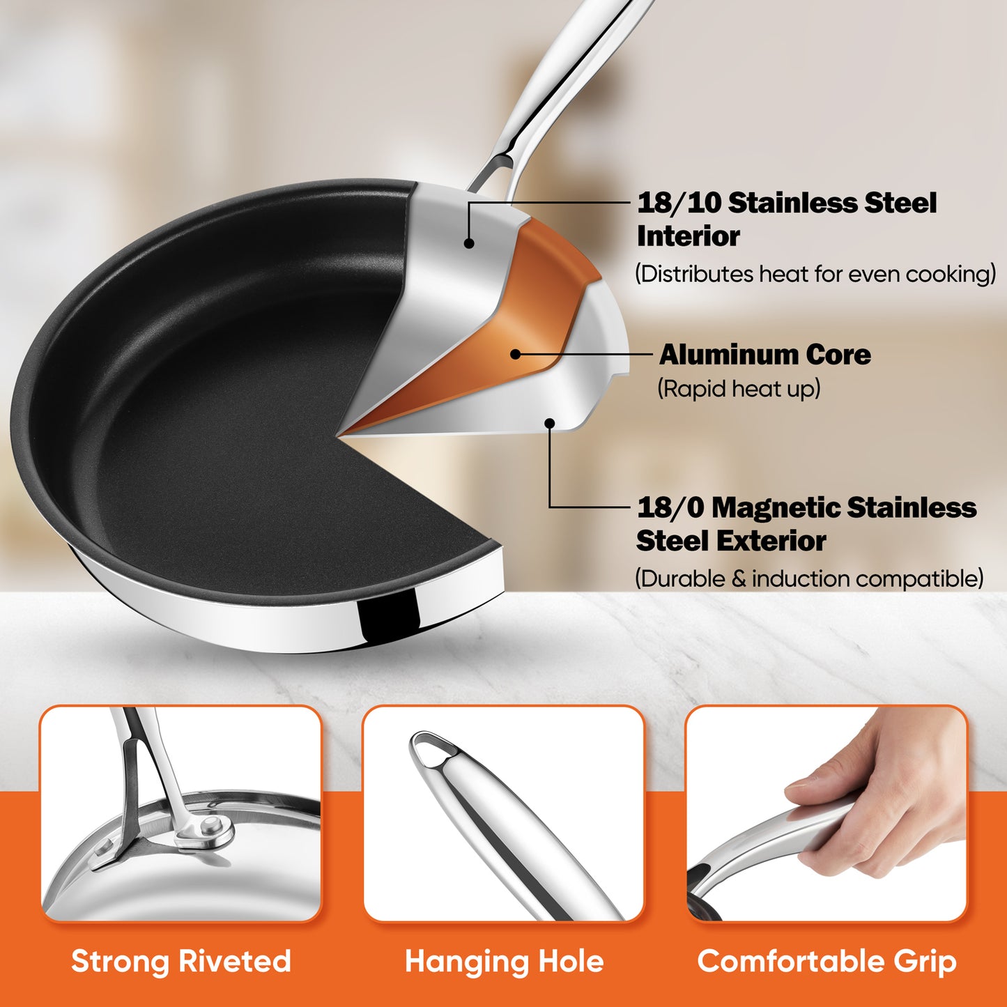 Vesteel 10” Nonstick Frying Pan, Tri-ply Stainless Steel for Kitchen Cooking Steaks Eggs, Skillet Suitable for Various Stovetops, Gas Electric Oven or Induction Safe, Dishwasher Safe