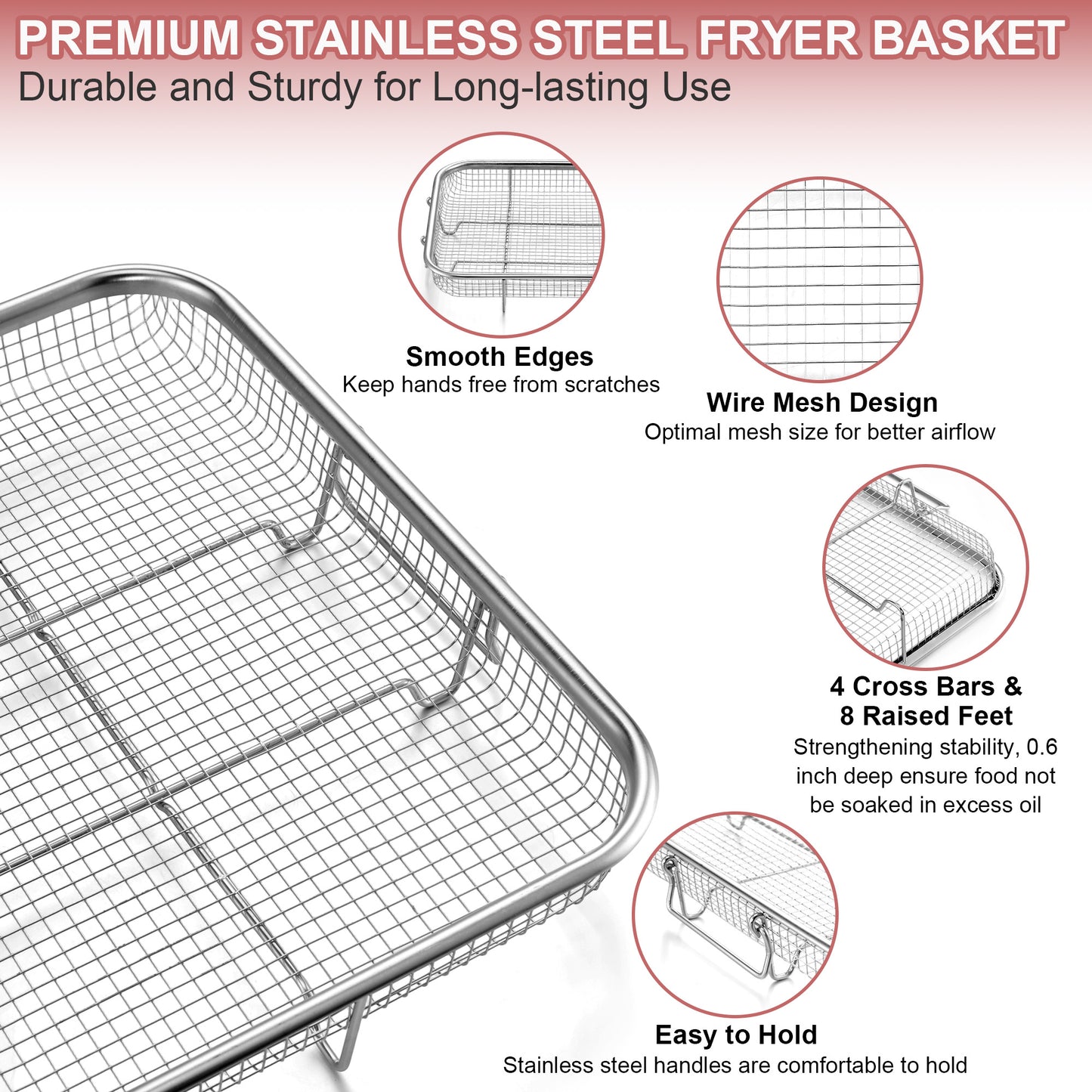 Vesteel Stainless Steel Air Fryer Basket Set of 2, 11.8" x 9" Oven Crisper Basket for Baking, Roasting & Healthy Cooking, Dishwasher Safe