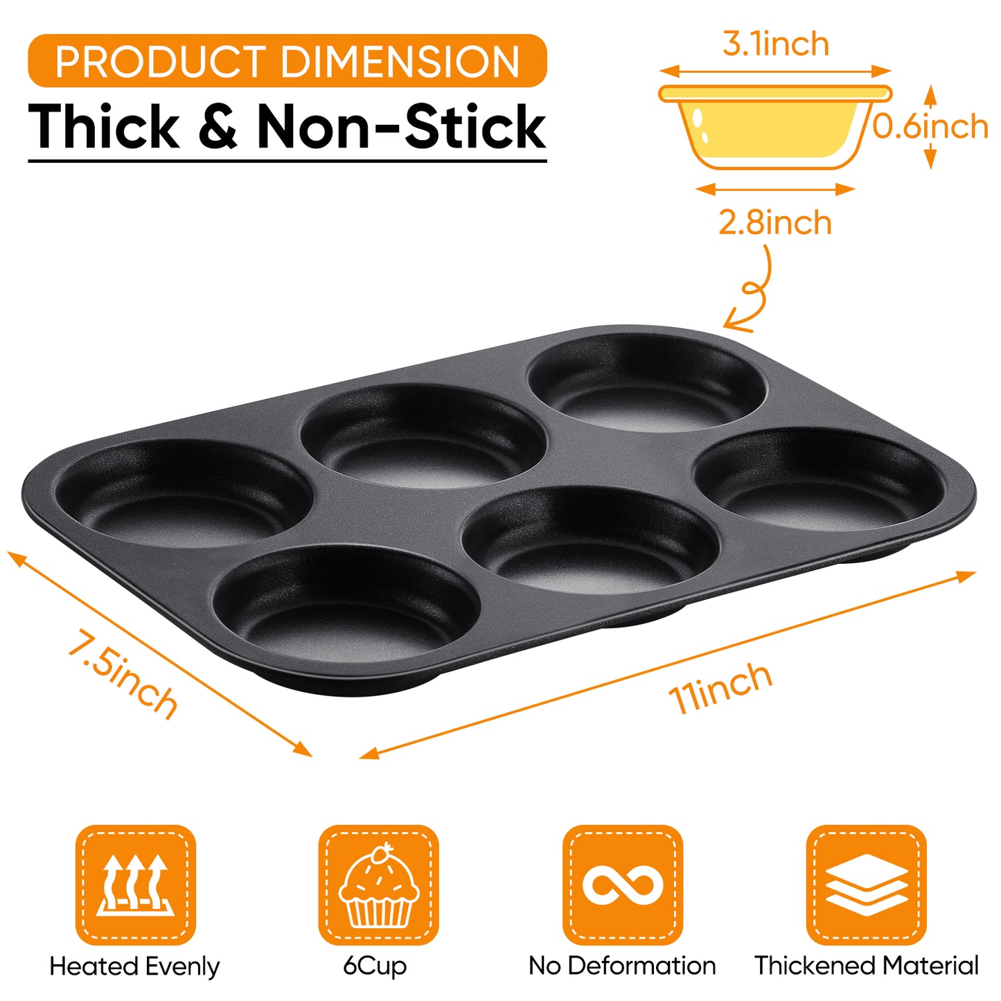 Vesteel Muffin Top Pan, 6-Cup Stainless Steel Cupcake Pan for Baking, 11” x 7.5” Regular Size Metal Pan Tin Tray for Mini Cake Cookie Egg Hamburger, Oven Safe