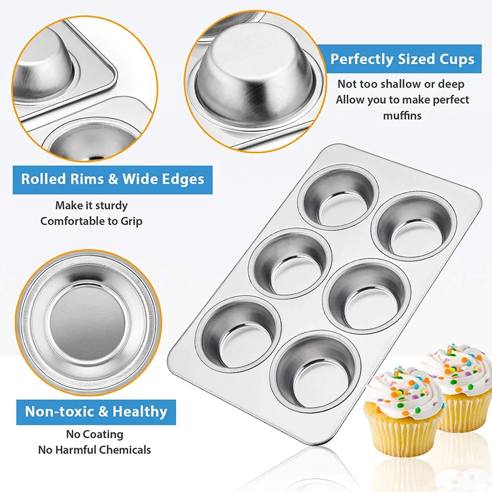 VeSteel Stainless Steel Muffin Pan Set of 2, Metal Cupcake Pan Tray for Baking, Non-Toxic, Dishwasher Safe - 6-Cup
