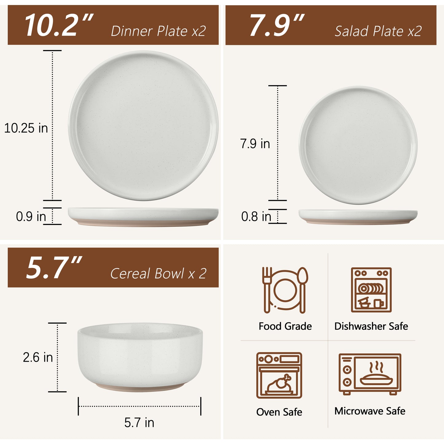 Vesteel Stoneware Dinnerware Sets for 2, 6 Pieces Ceramic Plates and Bowls Sets, Elegant Dishes with Rustic Terracotta Base, Dishwasher & Microwave Safe, Scratch Resistant, Speckled White