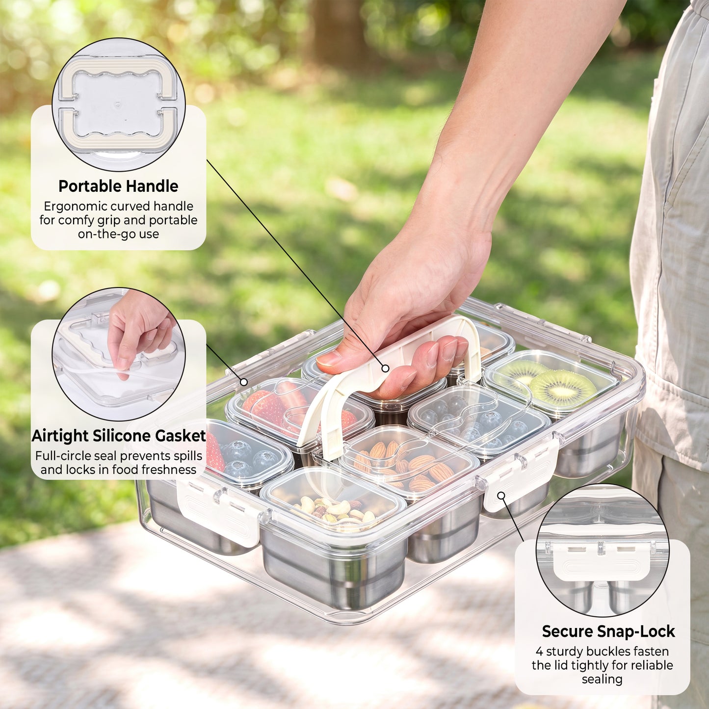 Vesteel Stainless Steel Snackle Box Container, 8-Compartment Divided Tray with Lid and Handle, Portable Snack Container for Fruit Candy Nuts, Snack Serving Platter for Beach Travel & Picnic