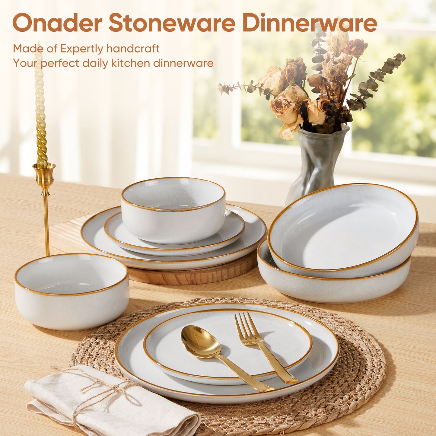 Onader 8-Piece Dinnerware Set, Ceramic Plate and Bowls Set for 2, Double Reactive Glaze Stoneware Dishware for Kitchen Restaurant, Microwave & Dishwasher Safe - Seashell White