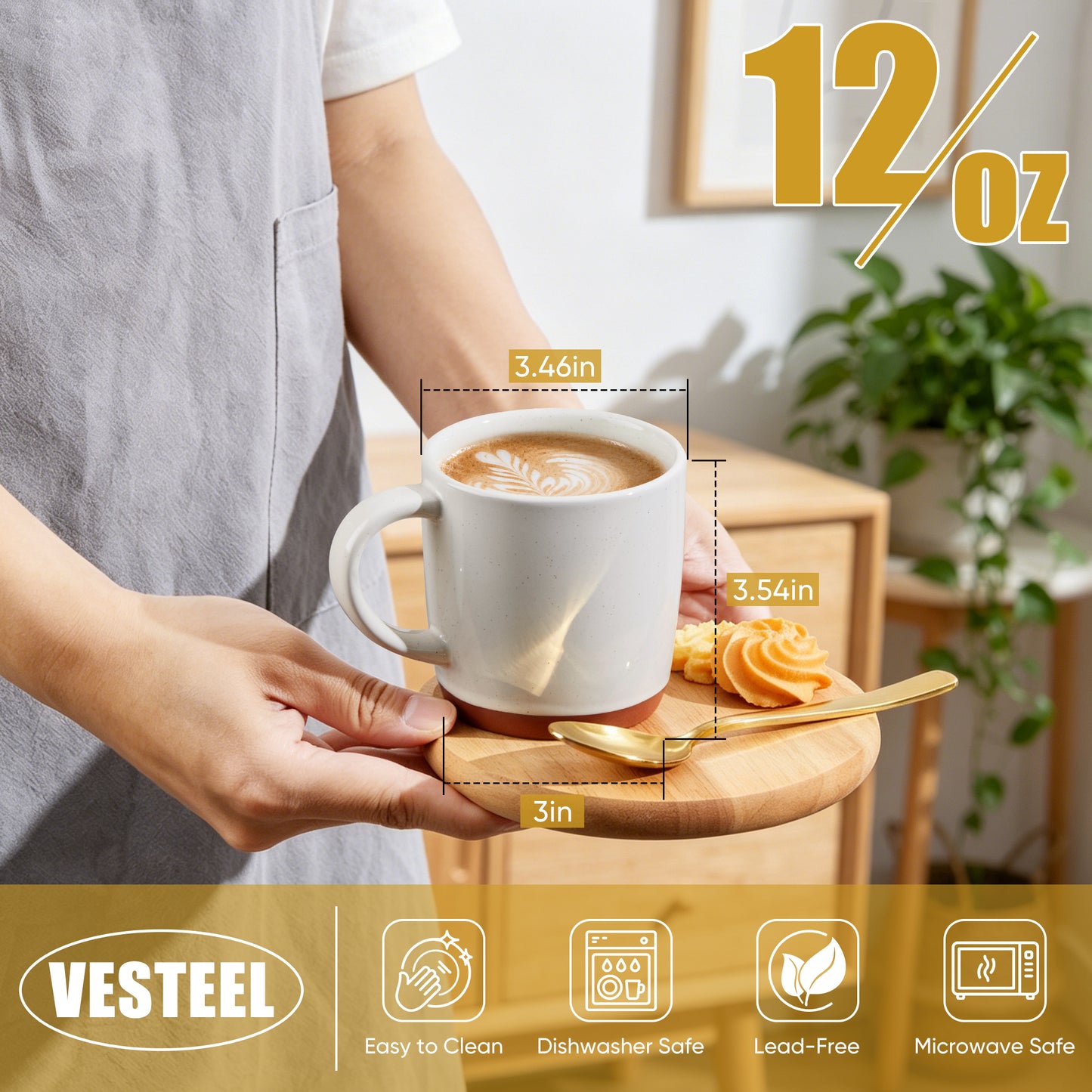 Vesteel Coffee Mugs Set of 4, 12oz Ceramic Coffee Cup with Handle, Modern Stoneware Mugs for Latte, Cappuccino, Cocoa, Dishwasher & Microwave Safe, Speckled White