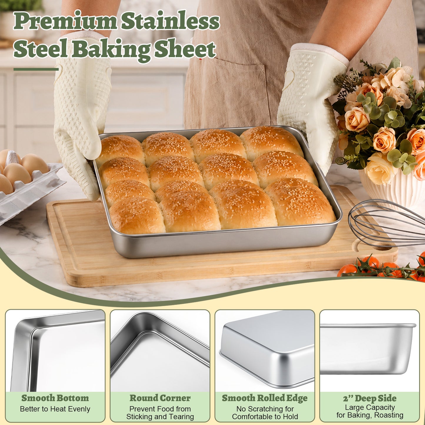 Vesteel Baking Pan With Lid, Stainless Steel Lasagna Pan with Cover, Rectangular Toaster Oven Pan for Cake Brownies Casseroles, 2 Inch Deep Side & Dishwasher Safe, 12.4’’ X 9.7’’