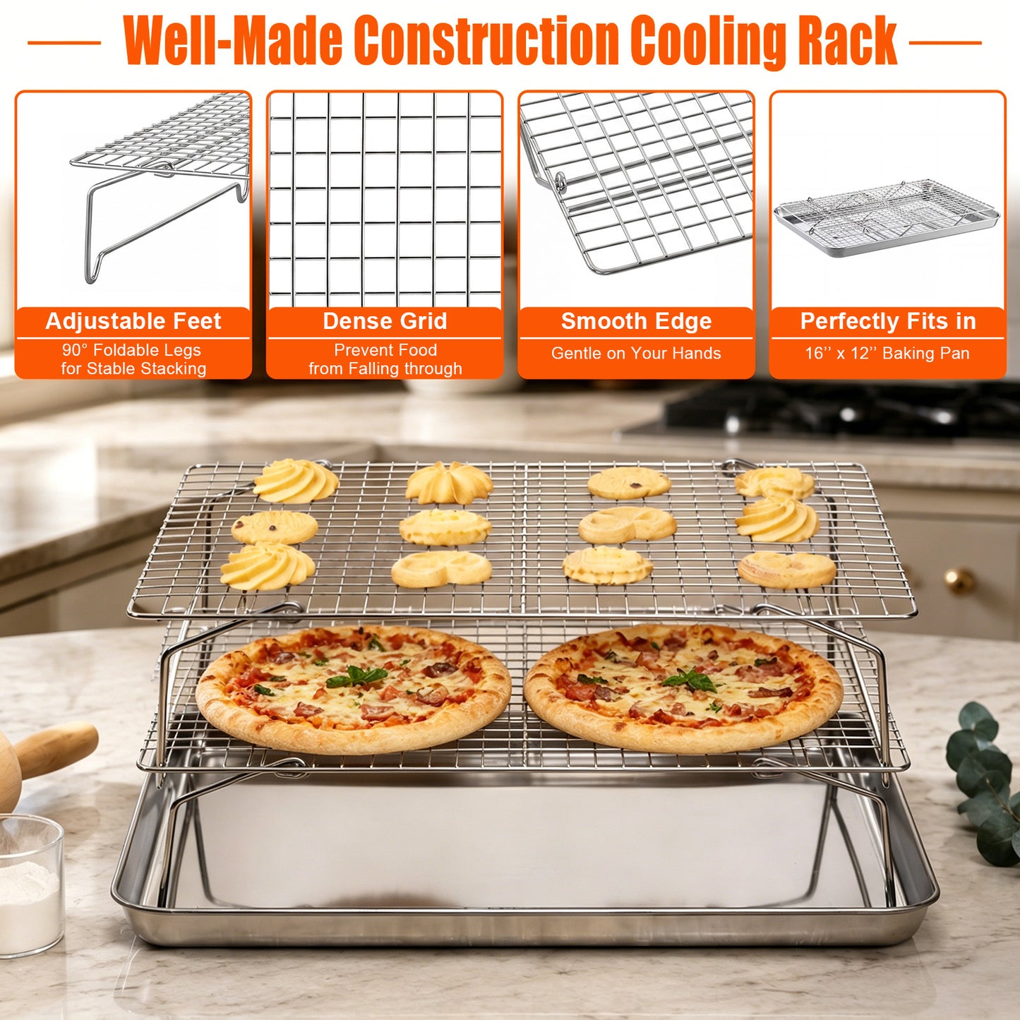 Vesteel 2-Tier Cooling Racks, Stainless Steel Stackable Grid Baking Racks, Collapsible Wire Racks for Cooking Grilling Roasting, Oven & Dishwasher Safe, 15’’ x 10’’