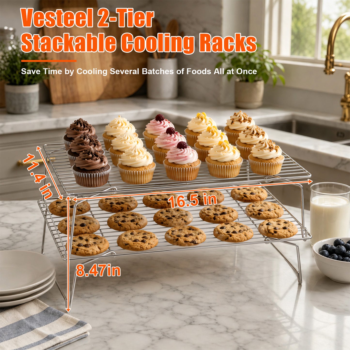 Vesteel 2-Tier Stainless Steel Cooling Racks, Stackable Baking Cooking Racks for Bread Cookie Cakes, Wire Racks with Folding Legs, Oven & Dishwasher Safe, 16.5’’ x 11.4’’