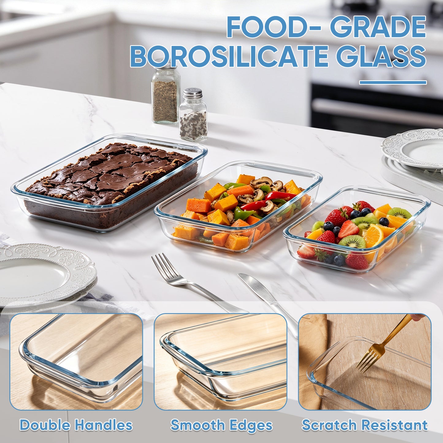 Vesteel 3-Piece Glass Baking Dish Set, Rectangular Baking Tray with Handles, Non-Stick Kitchen Bakeware Set Casserole Dishes for Prepping and Baking, Heat-Resistant & Oven Freezer Dishwasher Safe