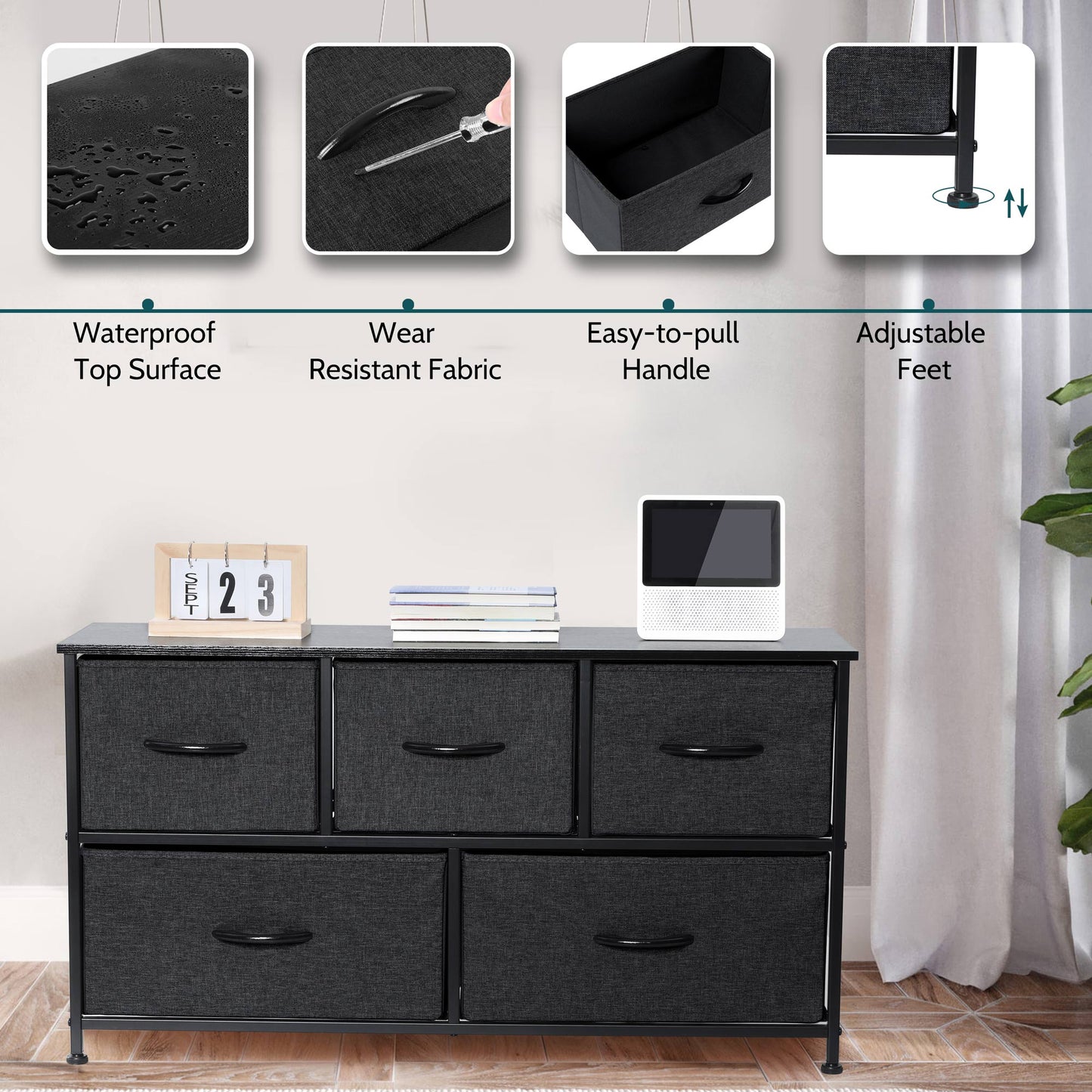 Vesteel 5 Drawers Dresser, Wide Chest of Drawers Fabric Dresser with Wood Top and Sturdy Steel Frame, Storage Organizer Unit for Closet, Living Room, Hallway - Black