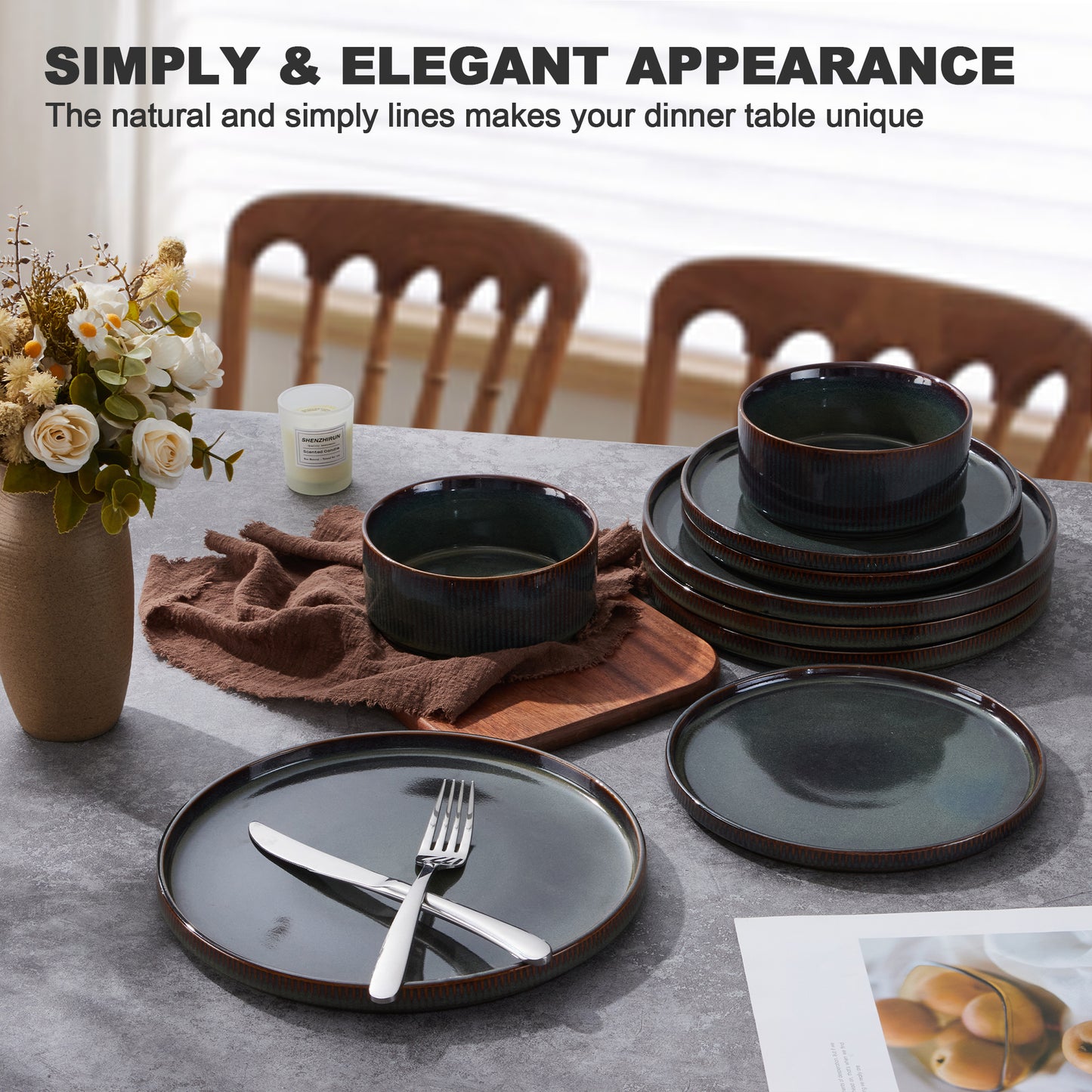 Vesteel Dinnerware Set for 4, 12-Piece Premium Stoneware Ribbed Dishes with Reactive Glaze, Chip & Scratch Resistant Plates and Bowls Set for Home Restaurant, Microwave and Dishwasher Safe - Green