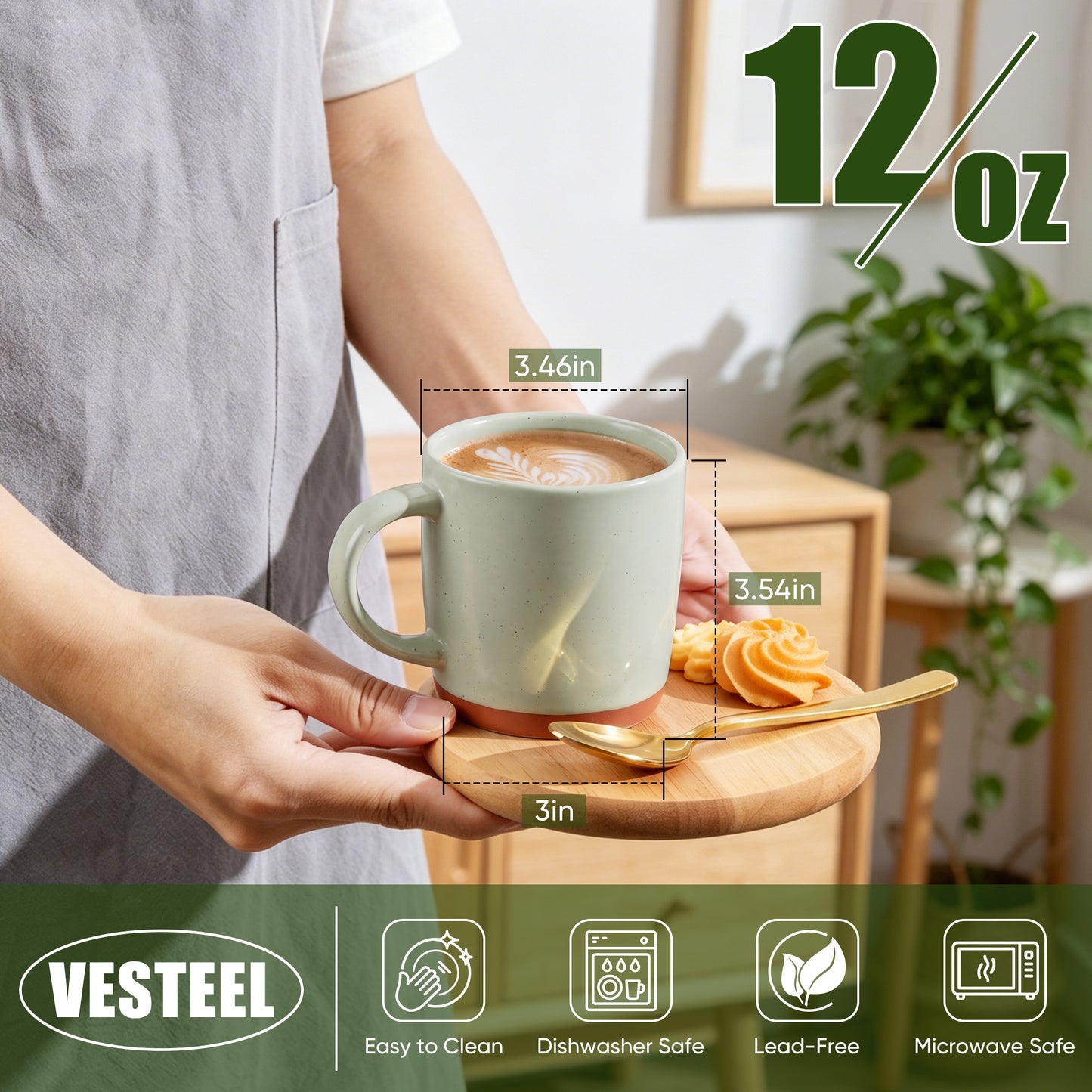 Vesteel Coffee Mugs Set of 4, 12oz Ceramic Coffee Cup with Handle, Modern Stoneware Mugs for Latte, Cappuccino, Cocoa, Dishwasher & Microwave Safe, Light Green