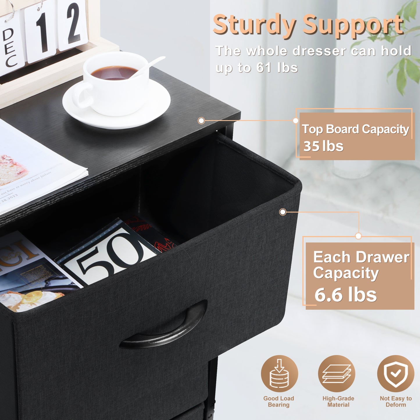 Vesteel Dresser for Bedroom with 4 Drawers, Storage Tower Organizer with Fabric Bins and Wooden Tabletop, Clothes Closet with Sturdy Steel Frame for Living Room, Entryway, Nursery - Black