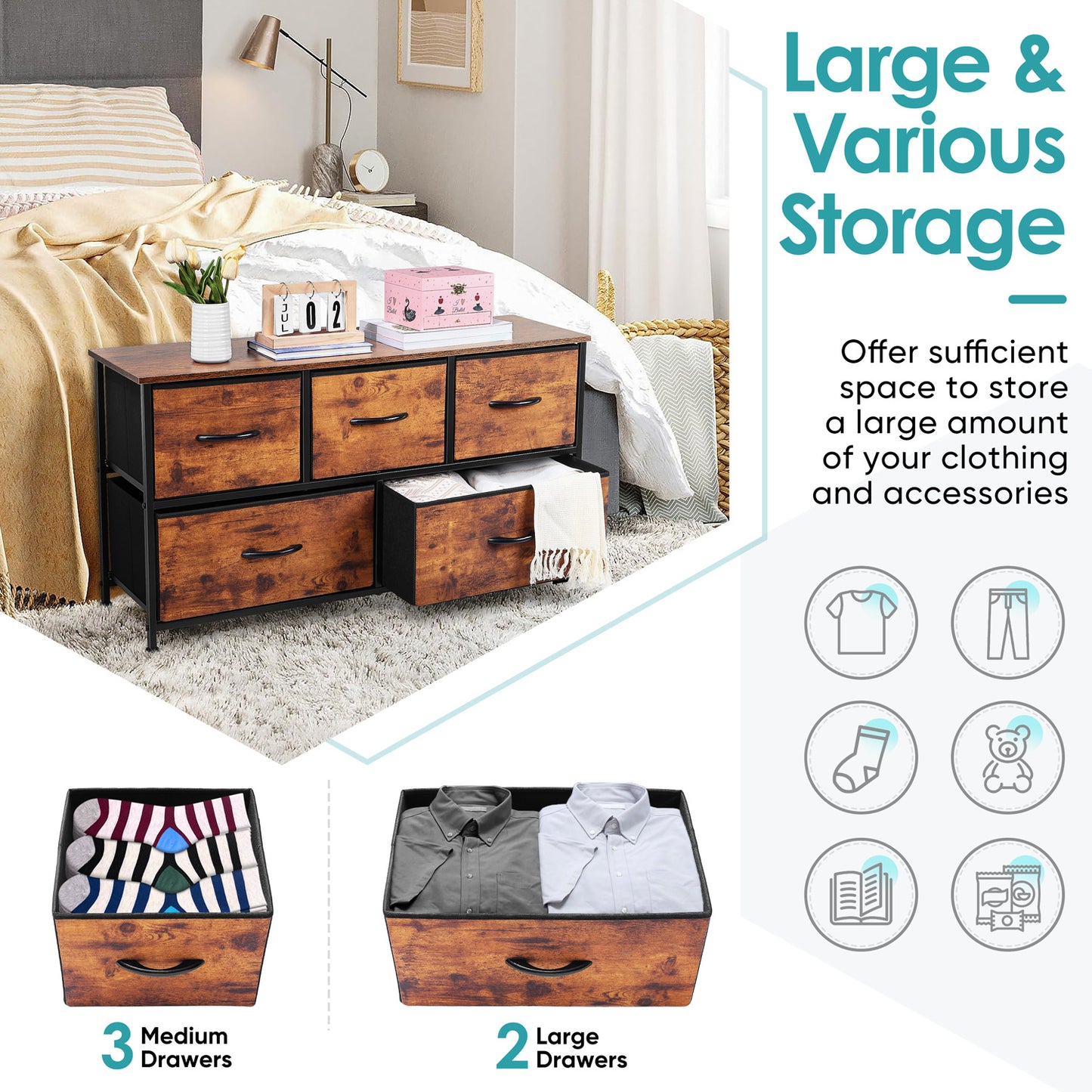 Vesteel 5 Drawer Dresser for Bedroom, Wide Chest of Drawers, Organizer Storage Cabinet with Fabric Drawers and Wooden Top, Closet for Living Room, Entryway, Nursery, Farmhouse - Rustic Brown