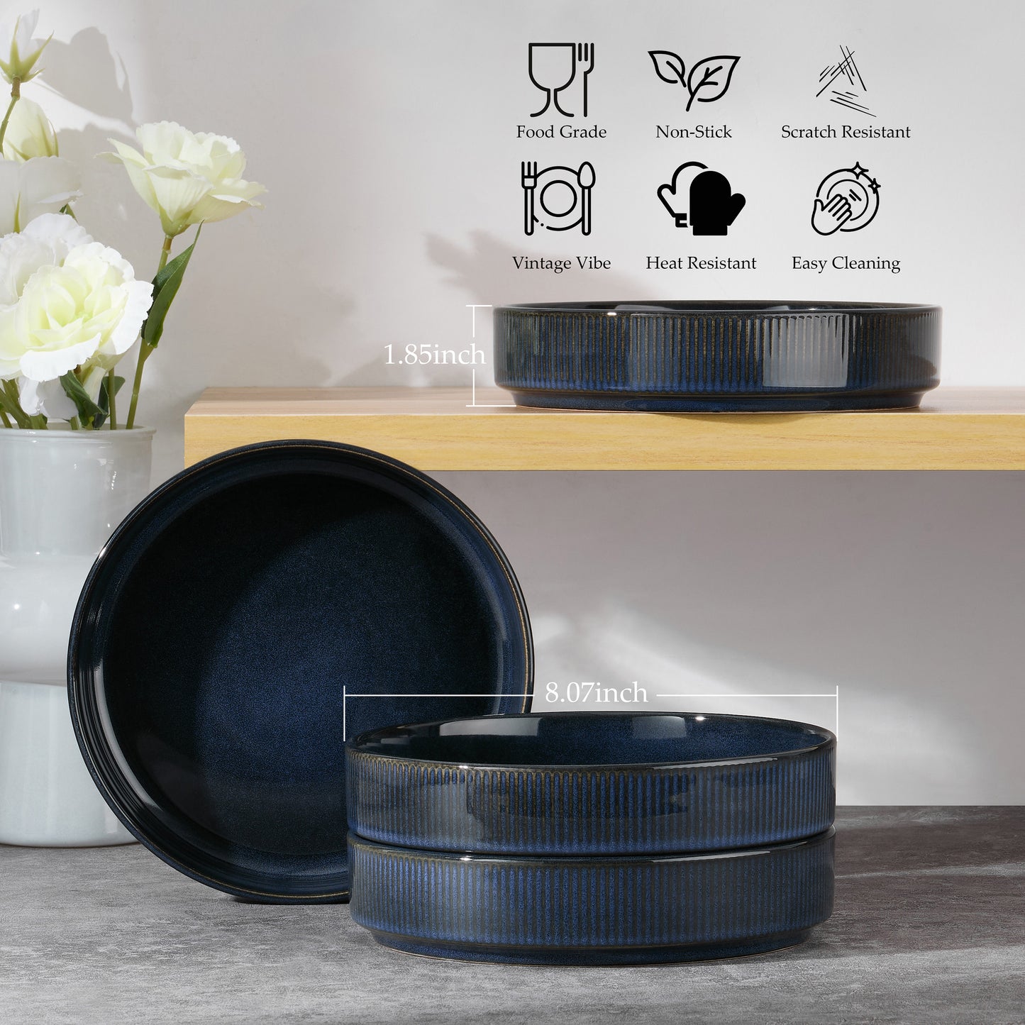Vesteel Pasta Bowls Set of 4, 32oz Large Salad Bowls for Dinner Serving Soup, Ceramic Stoneware Pasta Plates with Textured Stripes, Microwave & Dishwasher Safe, Ocean Blue