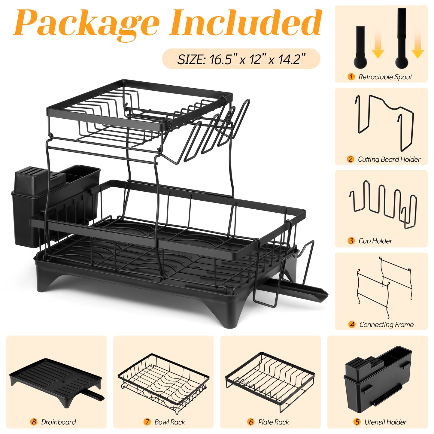 Vesteel Large Dish Drying Rack, Stainless Steel Dish Rack with Drainboard for Kitchen Counter, 2-Tier Rustproof Dish Drainer with Utensil Holder for Sink, Space Saving, Black