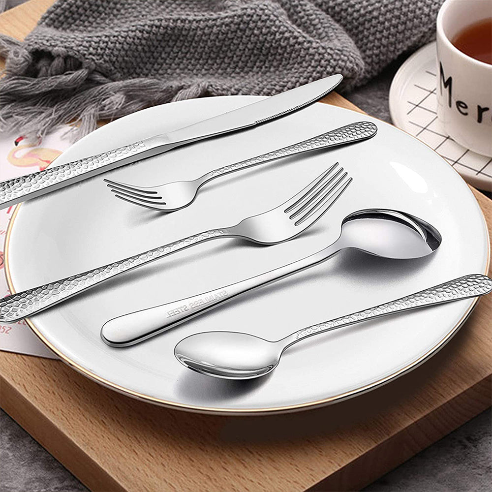 Hammered Silverware Set for 8, VeSteel 40-Piece Stainless Steel Flatware Cutlery Set, Includes Knives, Forks, Spoons, Modern Design & Mirror Polished - Dishwasher Safe