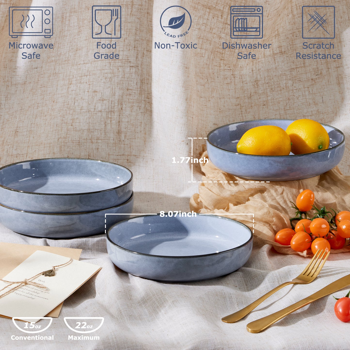 Vesteel Pasta Bowl Set of 4, 22oz Stoneware Salad Pasta Serving Bowls for Soup Dinner Cereal, Microwave & Dishwasher Safe, Grayish Blue