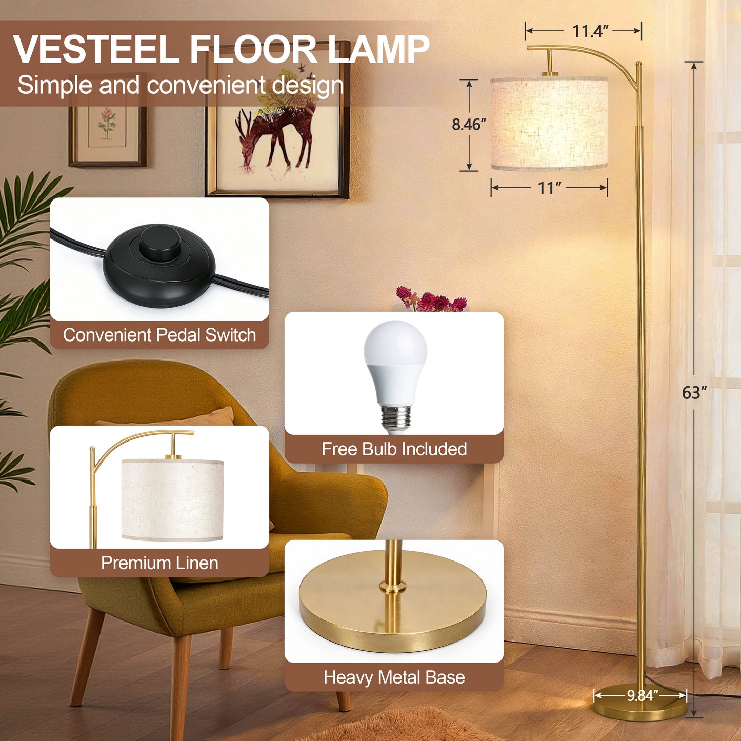 Vesteel Floor Lamp, Standing Lamp with 3 Color Temperatures & Linen Lampshade, Arch Farmhouse Lamp for Living Room Bedroom Office
