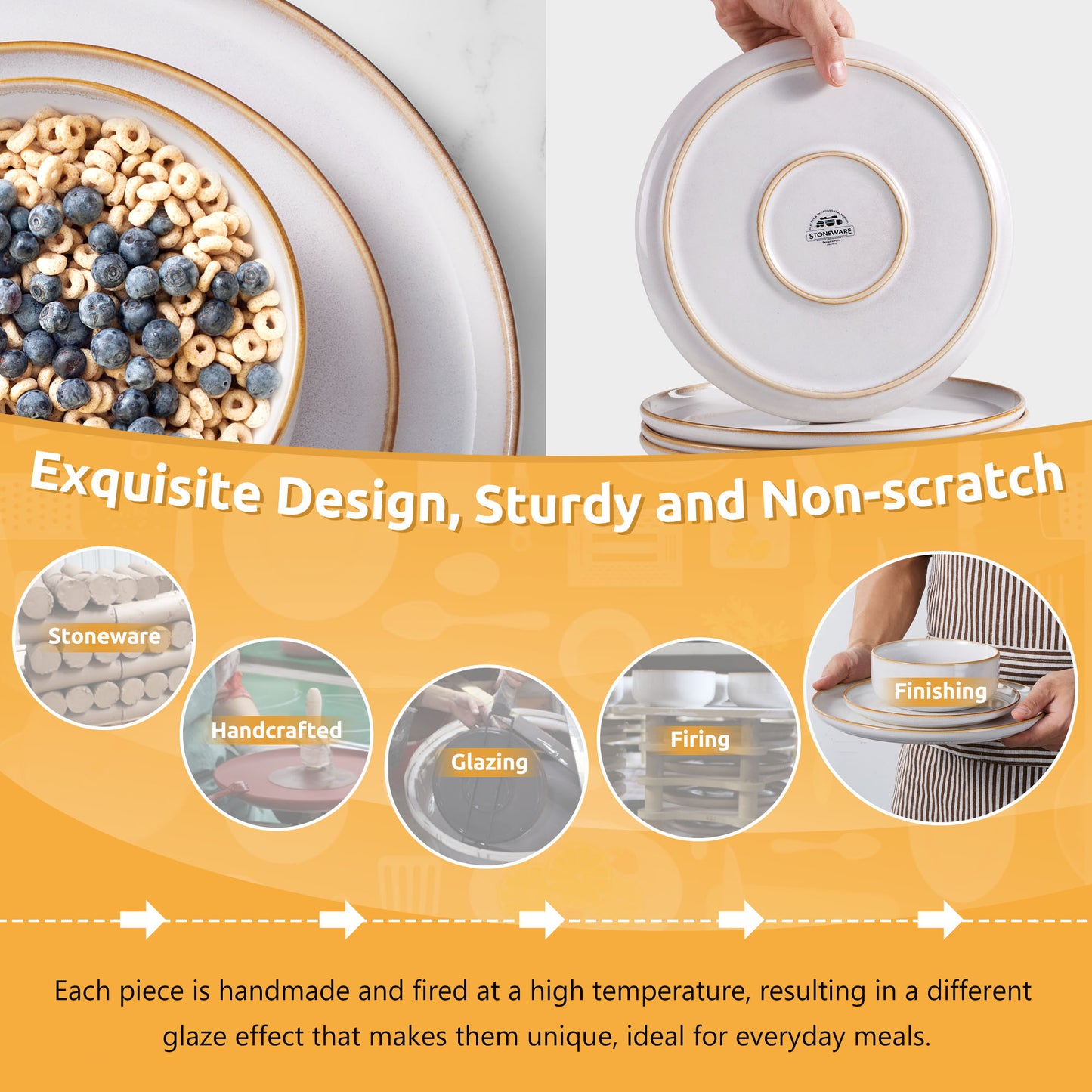 Onader Dinnerware Sets for 6, 18-Piece Plates and Bowls Set, Reactive Glaze Dishes, Stoneware Dinnerware set, Microwave & Dishwasher Safe - Seashell White