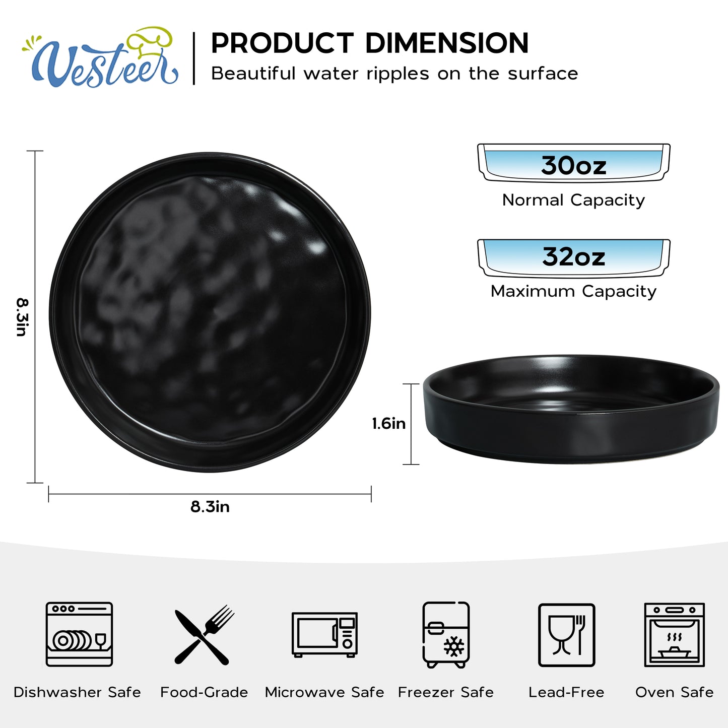 Vesteel Pasta Bowls Set of 4, 32oz Stoneware Salad Bowl, Large Dinner Bowls for Eating Serving Soup Noodle Pasta, Microwave & Dishwasher Safe, Matte Black