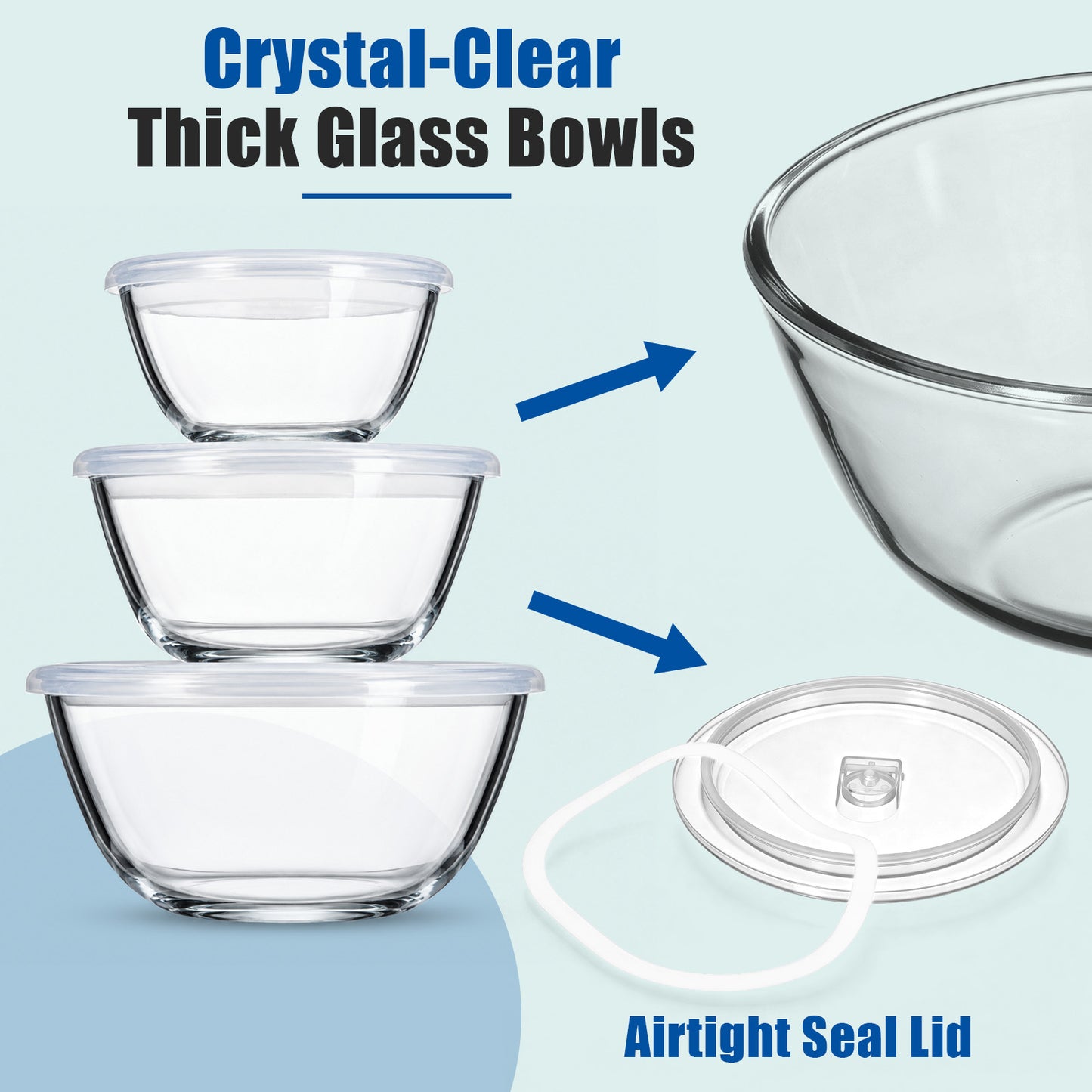 Vesteel 3Pcs Glass Mixing Bowls with Lids Set (0.8QT, 1.7QT, 2.9QT), Nesting Kitchen Salad Bowls with Airtight Vent Lid for Cooking Baking Prepping, Dishwasher, Microwave & Freezer Safe
