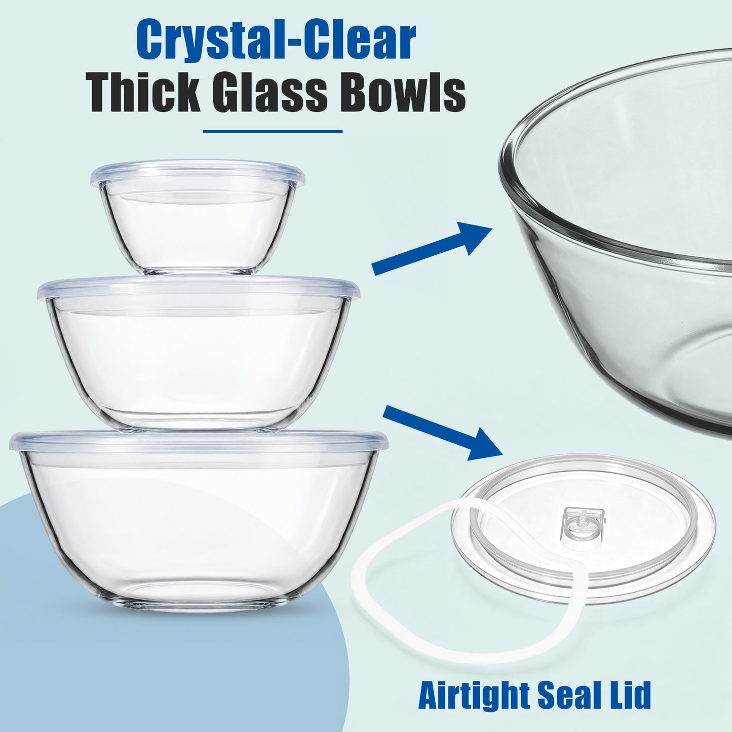 Vesteel 3Pcs Glass Mixing Bowls with Lids Set (0.8QT, 2.9QT, 4.8QT), Nesting Kitchen Salad Bowls with Airtight Vent Lid for Cooking Baking Prepping, Dishwasher, Microwave & Freezer Safe